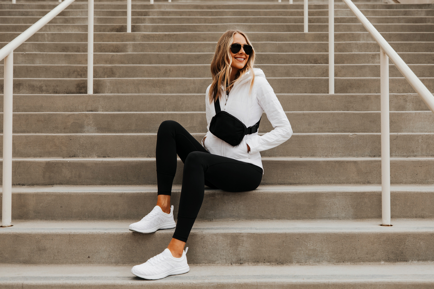 Fashion Jackson Wearing lululemon White Jacket Black Leggings