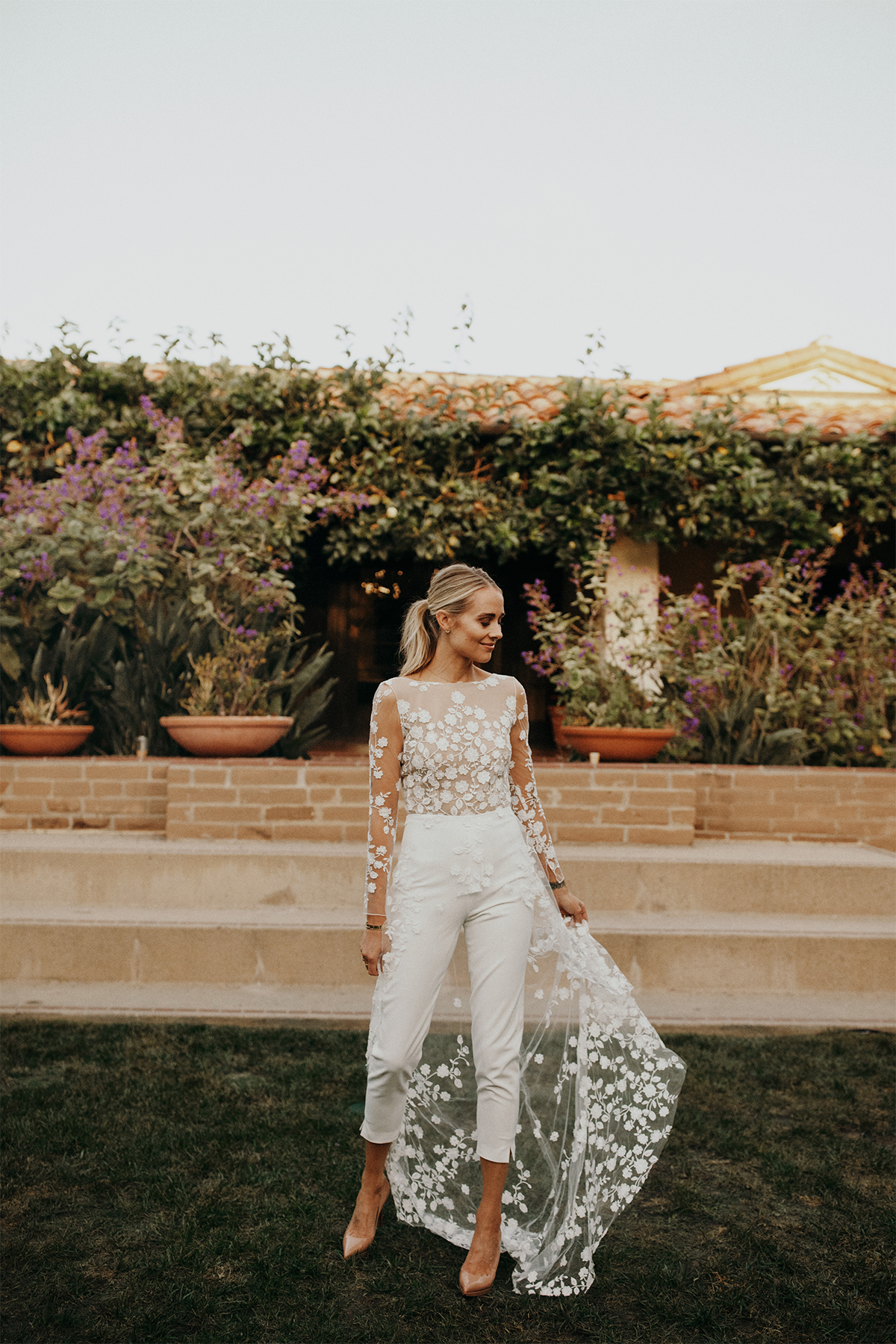 Rime Arodaky patsy white lace bridal jumpsuit wedding rehearsal dinner outfit, wedding weekend bridal outfit inspiration