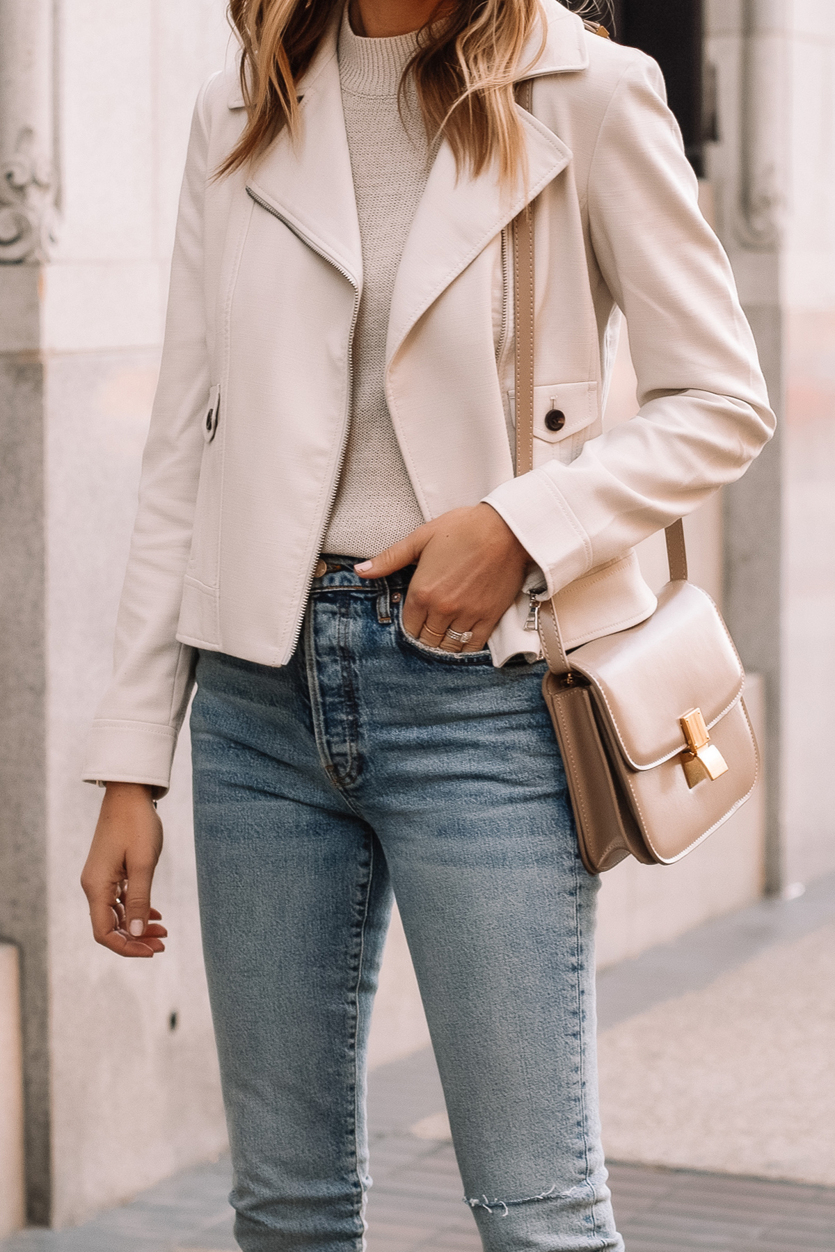 Fashion Jackson Wearing Ann Taylor Beige Moto Jacket Denim Skinny Jeans Beige Celine Box Bag