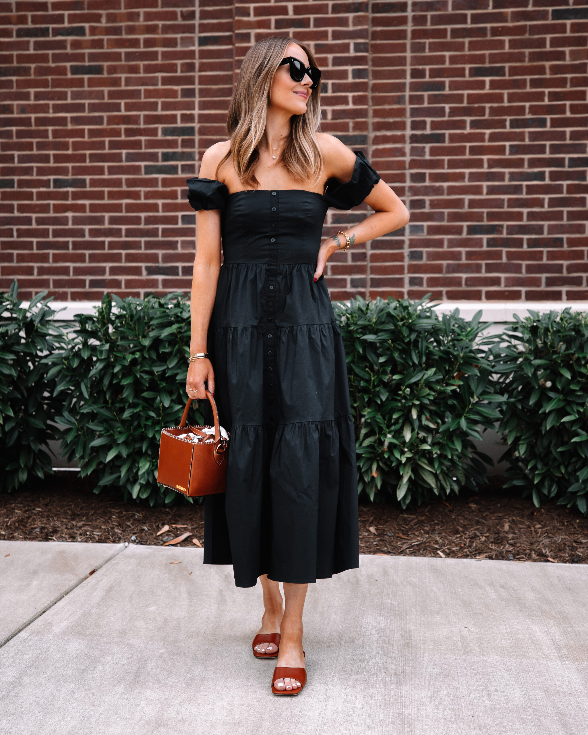 Fashion Jackson Wearing Shopbop Off the Shoulder Black Midi Dress Tan Sandals Tan Handbag