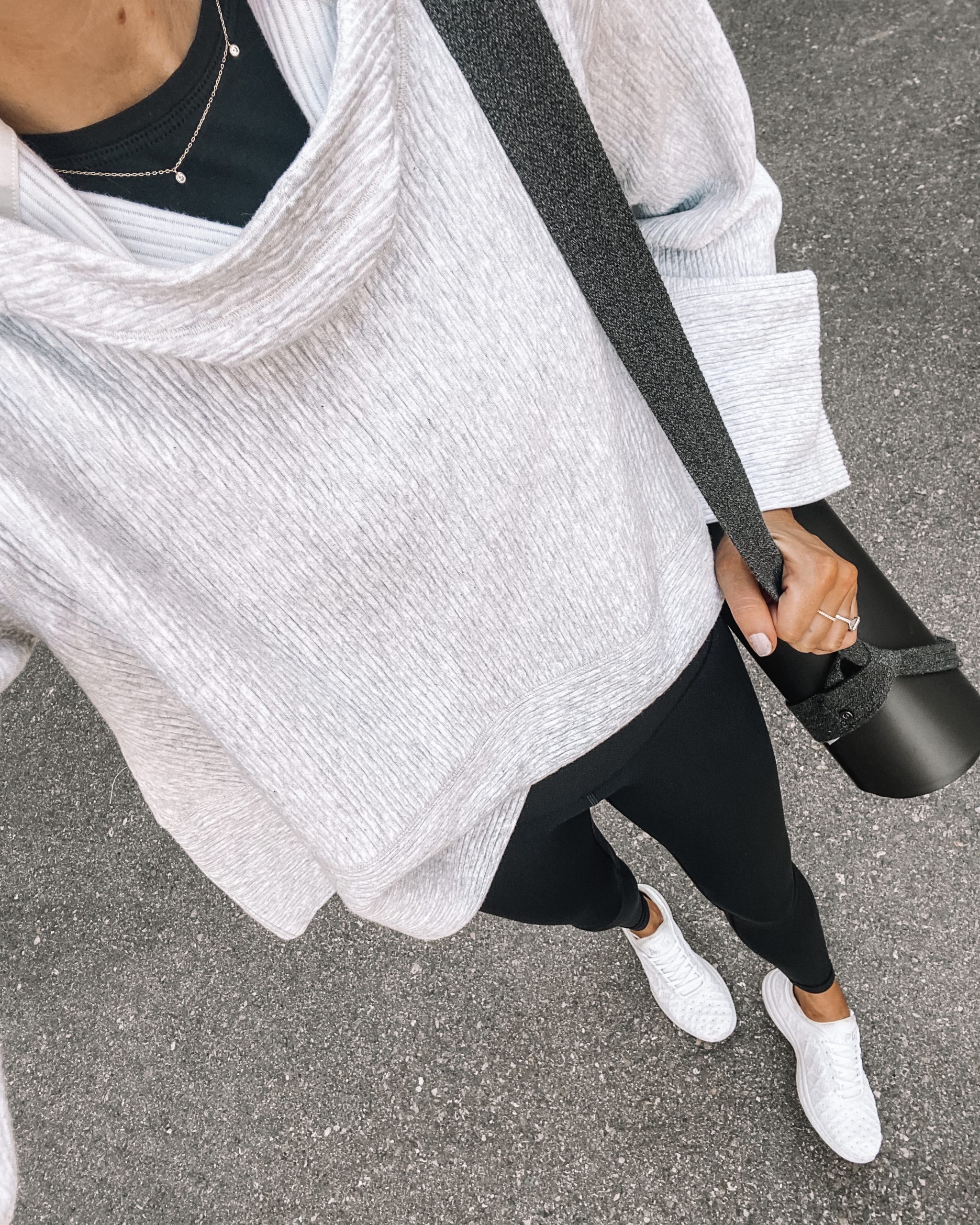 Fashion Jackson Wearing lululemon Grey Hoodie Sweatshirt Black Leggings White Sneakers Black Yoga Mat