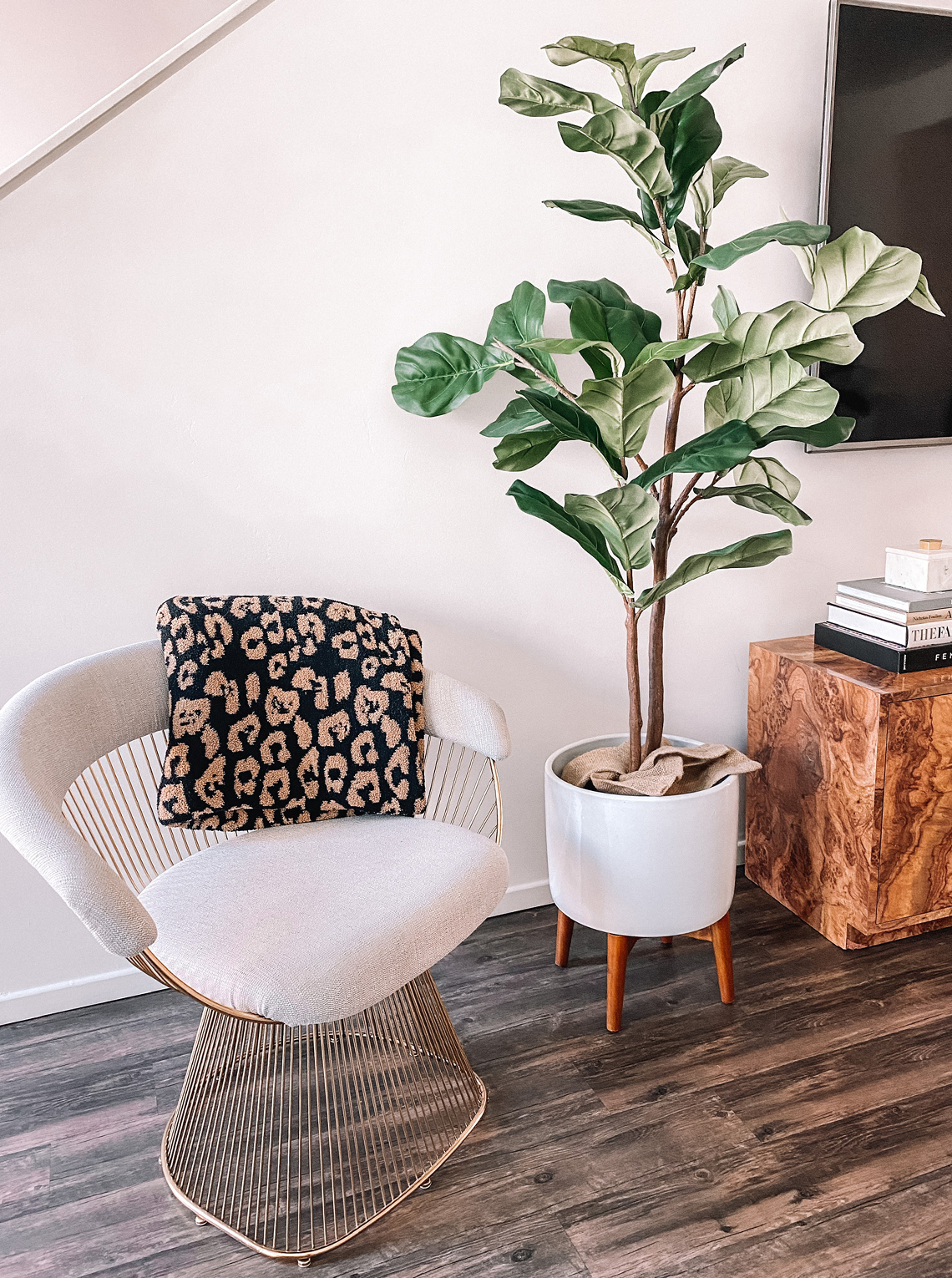 Fashion Jackson Living Room Decor Faux Fiddle Fig Tree Gold Platner Chair Leopard Blanket