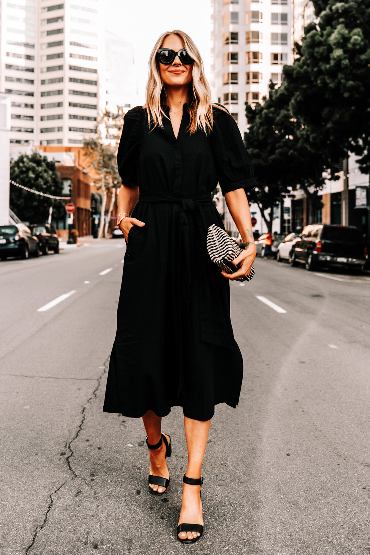 Fashion Jackson Wearing Ann Taylor Black Shirt Dress Black Heeled Sandals Black Tan Woven Clutch 1