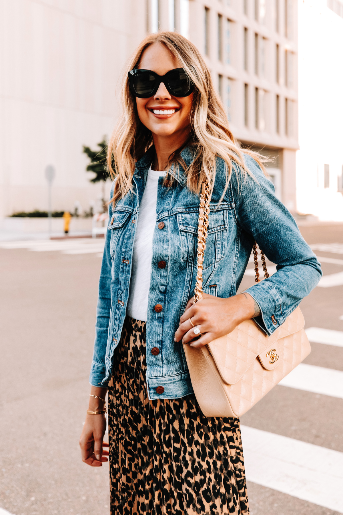 denim shirt and long skirt