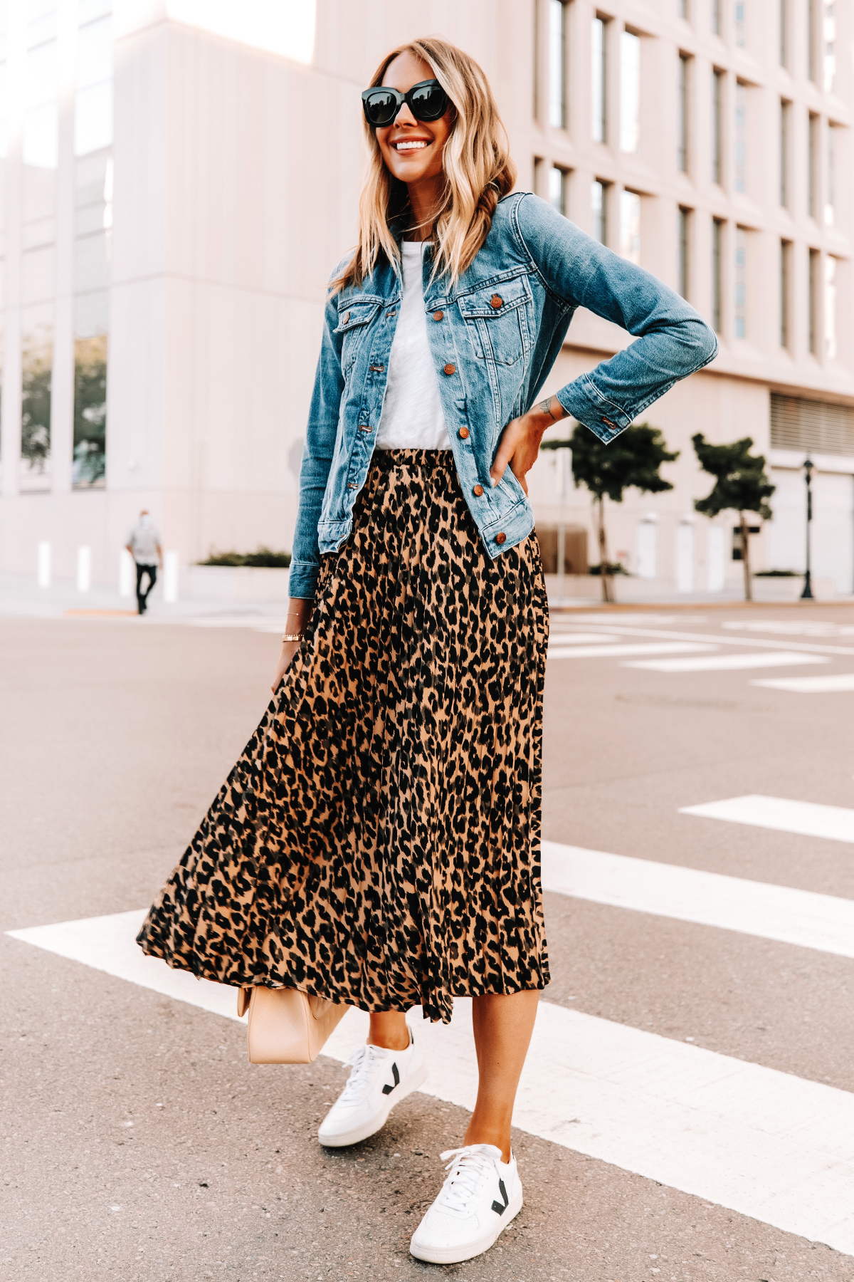 denim shirt and long skirt