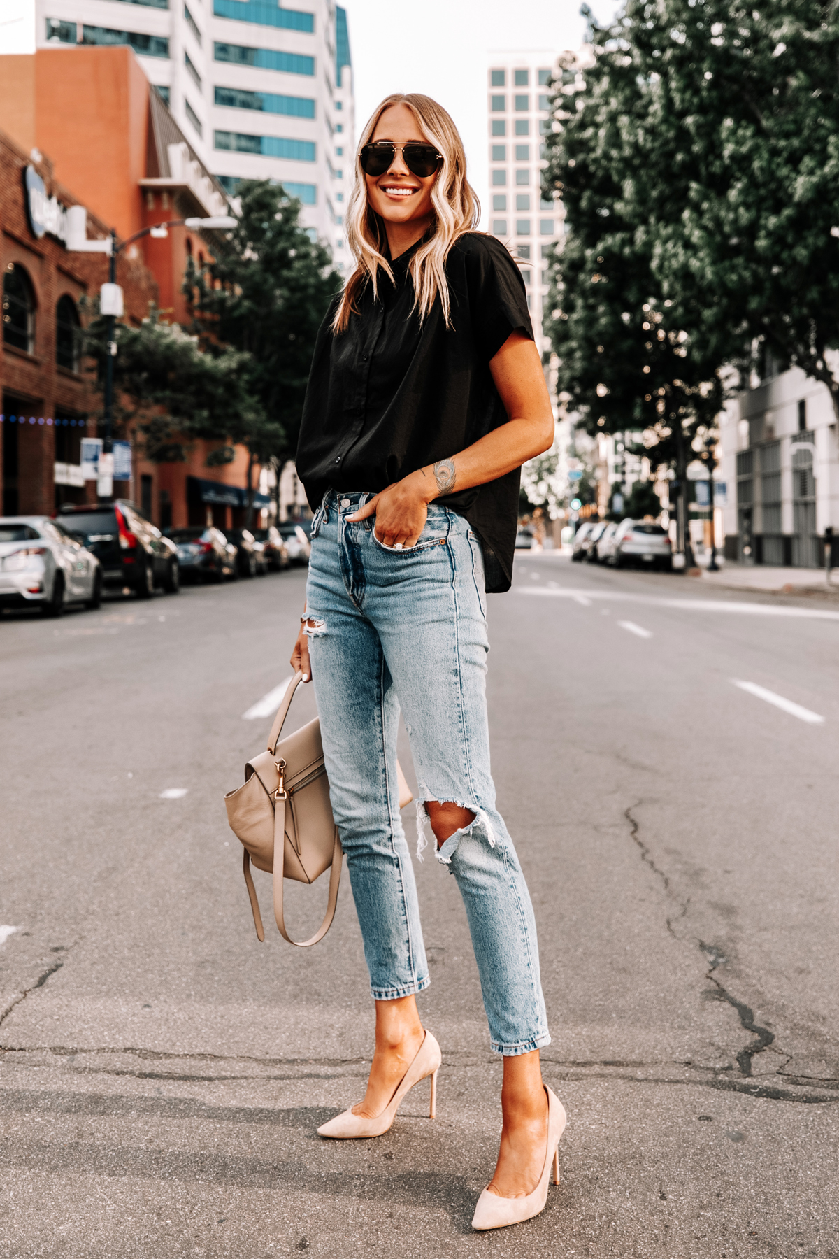 Fashion Jackson Wearing Everlane Black Short Sleeve Button Down Shirt Levis Ripped Jeans Jimmy Choo Romy Nude Pumps 2