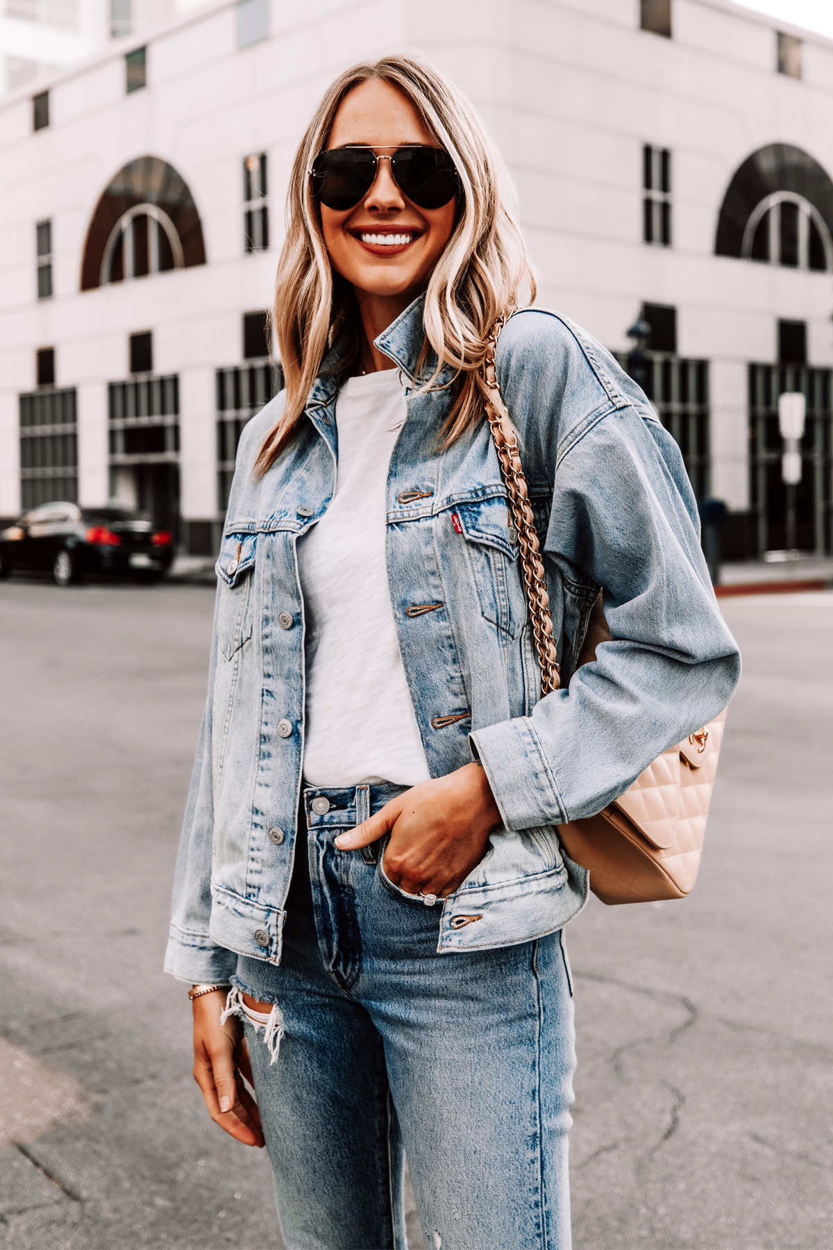 Denim on Denim Outfit in Levi's 501 Ripped Skinny Jeans + Veja