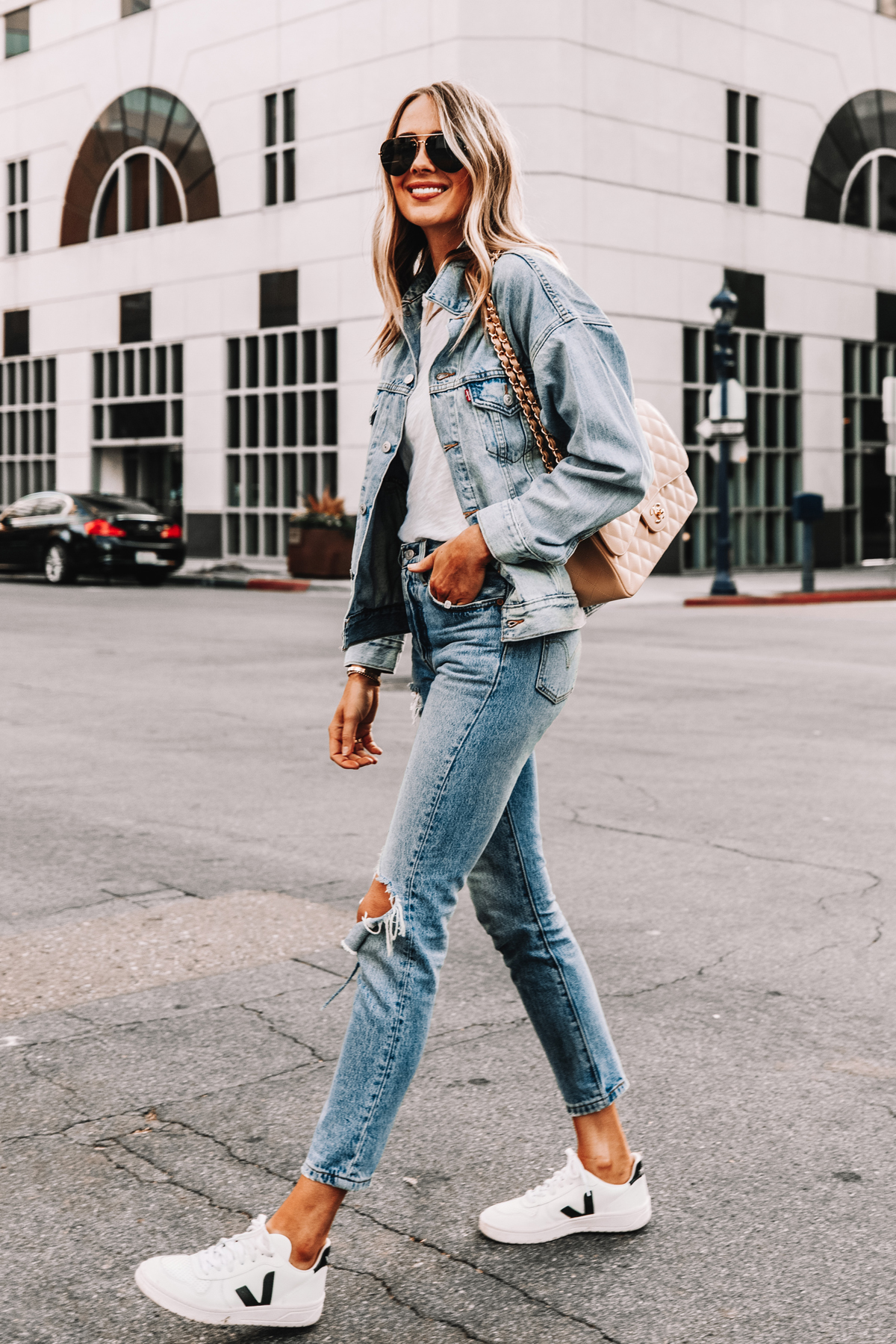 Denim on Denim Outfit in Levi's 501 Ripped Skinny Jeans + Veja Sneakers -  Fashion Jackson