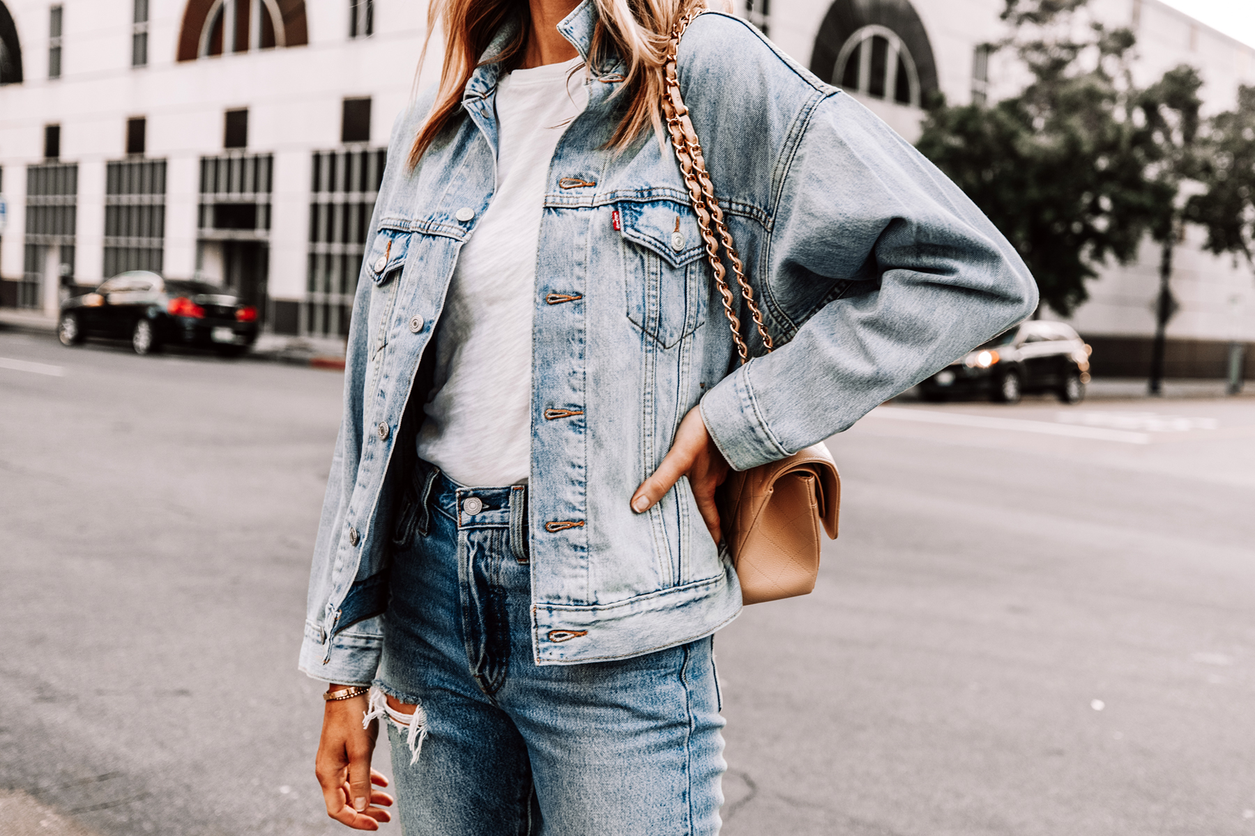 Denim on Denim Outfit in Levi's 501 Ripped Skinny Jeans + Veja Sneakers -  Fashion Jackson