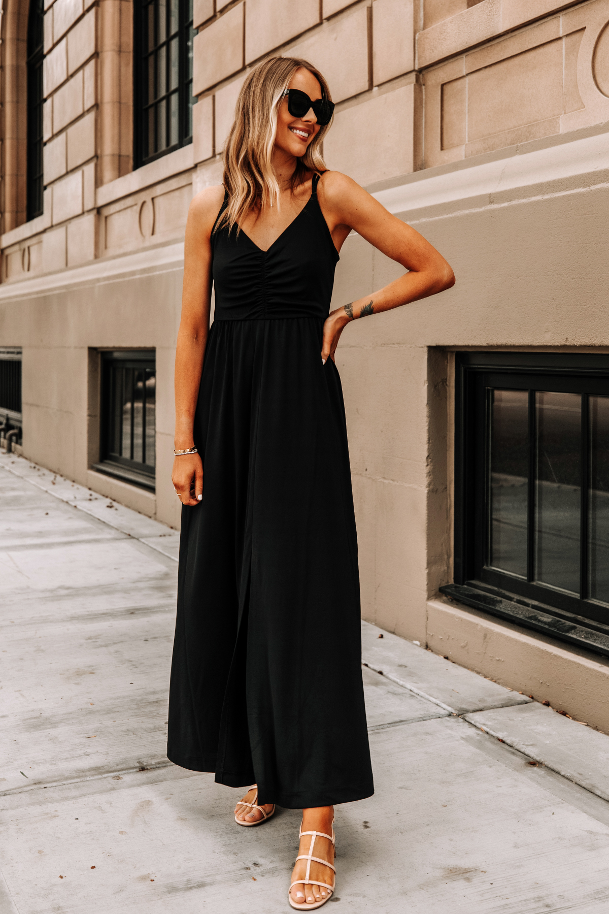 Fashion Jackson Wearing Banana Republic Black Maxi Dress Tan Sandals