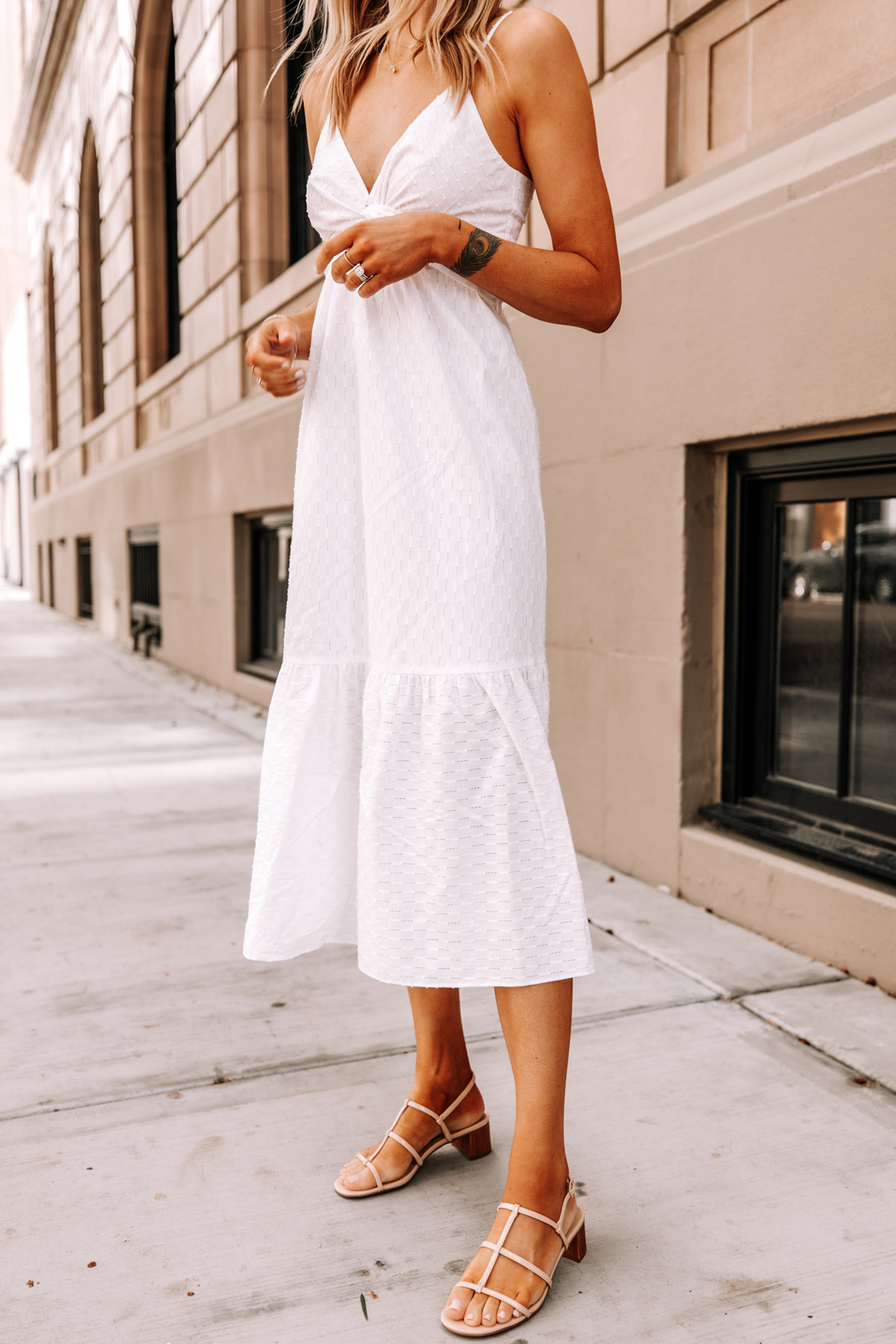 tan and white dress