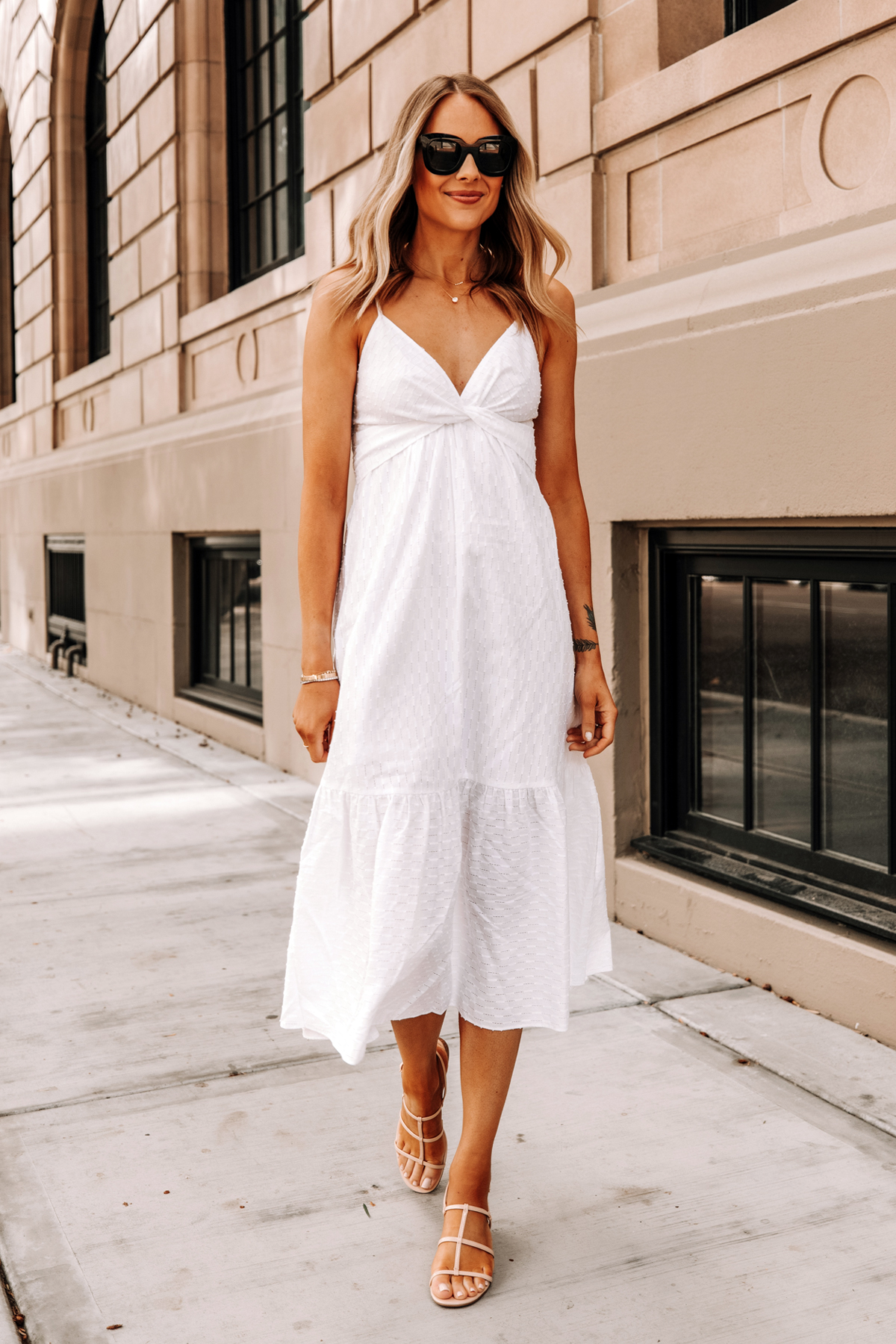 Fashion Jackson Wearing Banana Republic White Midi Dress Tan Sandals