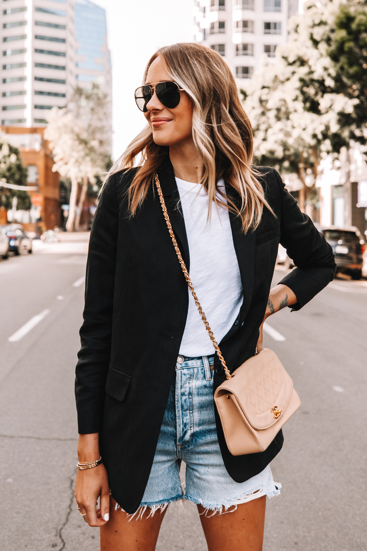 Black Long Sleeve Blazer Shorts Outfit