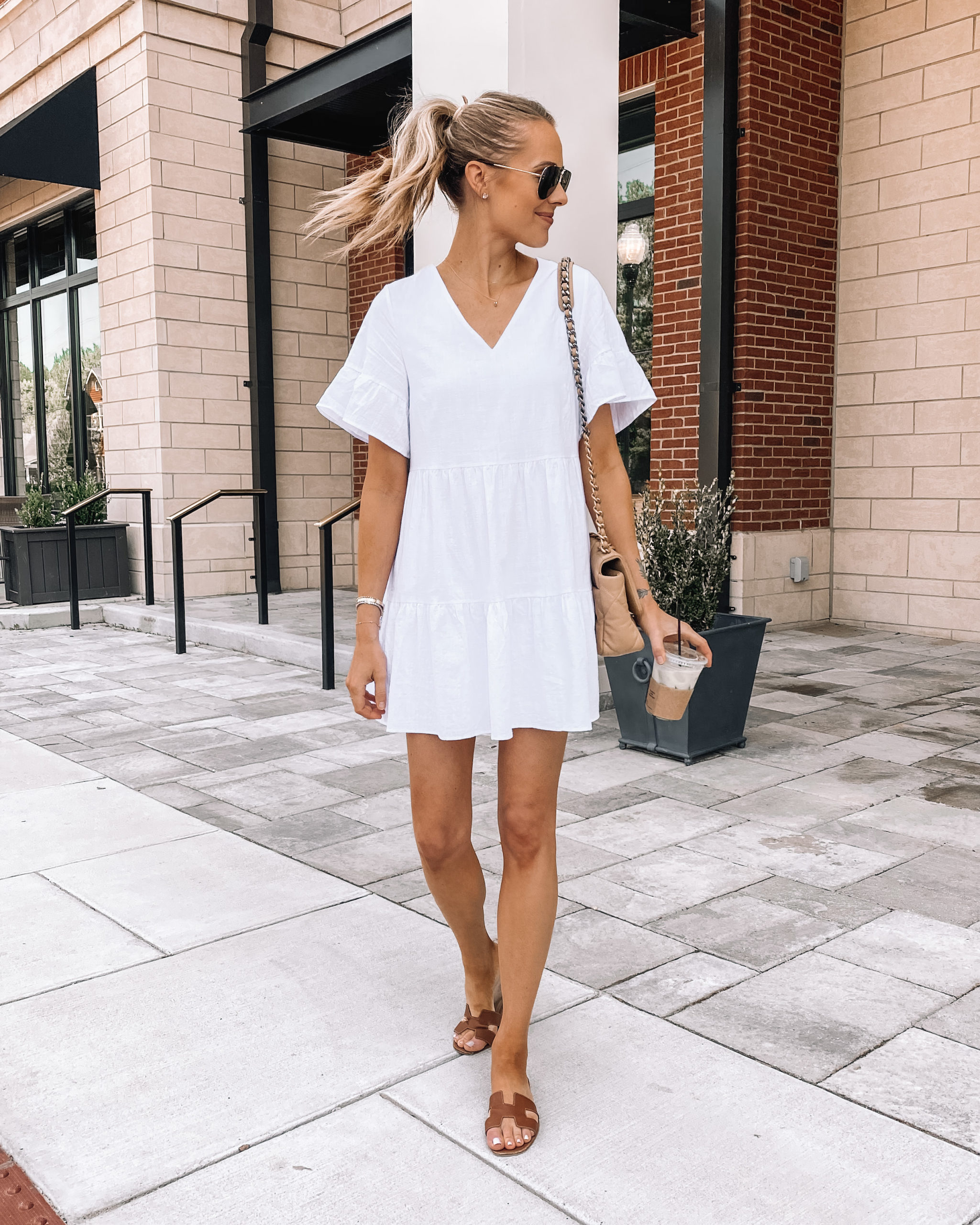 Fashion Jackson Wearing Amazon Fashion White Ruffle Dress Tan Sandals