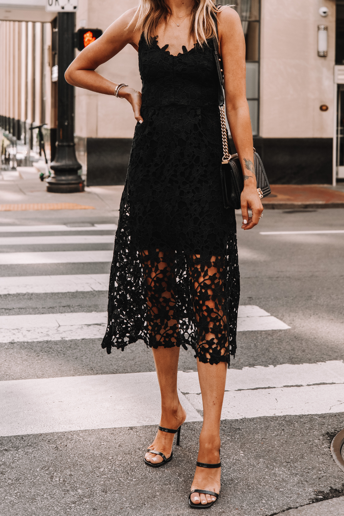 Fashion Jackson Wearing Black Lace Midi Dress Black Heeled Sandals Cocktail Dress 3