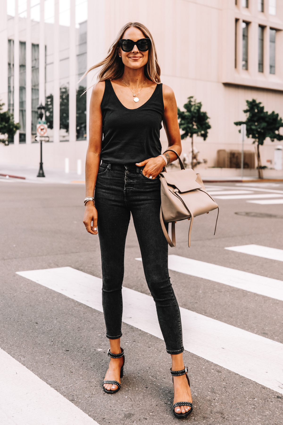 Fashion Jackson Wearing Everlane Black The Air Cami Everlane Black Skinny Jeans Givenchy Black Elegant 60 studded leather sandals Celine Belt Bag