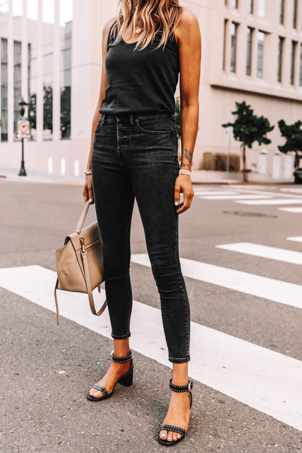 Fashion Jackson Wearing Everlane Black The Air Cami Everlane Black Skinny Jeans Givenchy Black Elegant 60 studded leather sandals