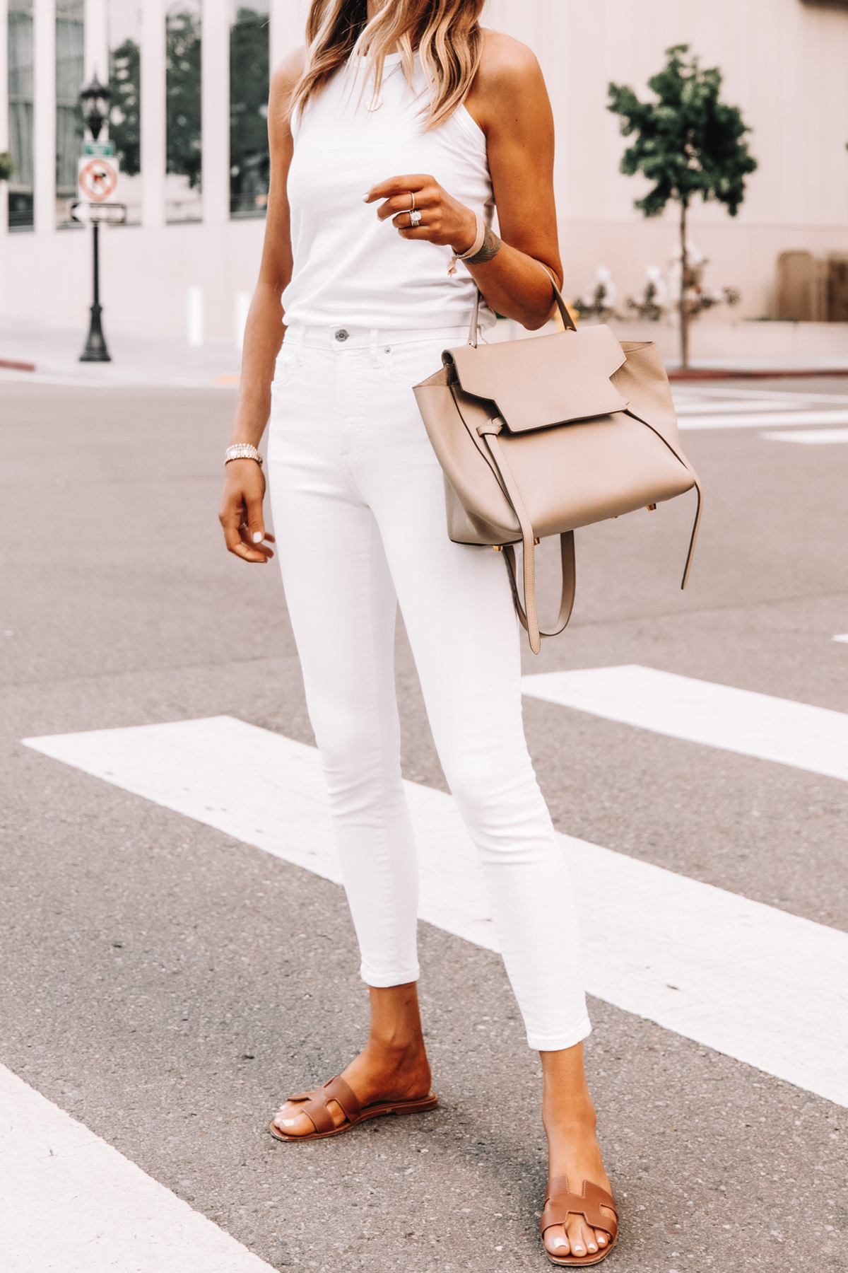 Fashion Jackson Wearing Everlane White The Organic Cotton Cutaway Tank Everlane White Skinny Jeans Hermes Sandals