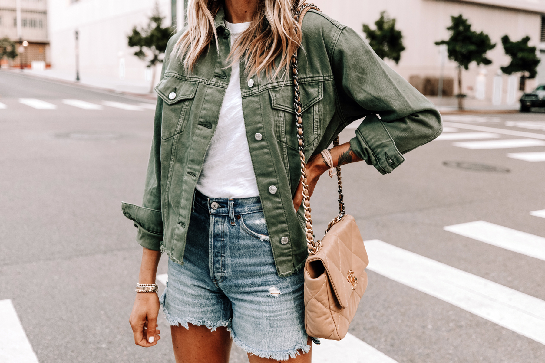 Fashion Jackson Wearing Topshop Olive Green Denim Jacket White Tshirt Ripped Jean Shorts Chanel 19 Beige Handbag