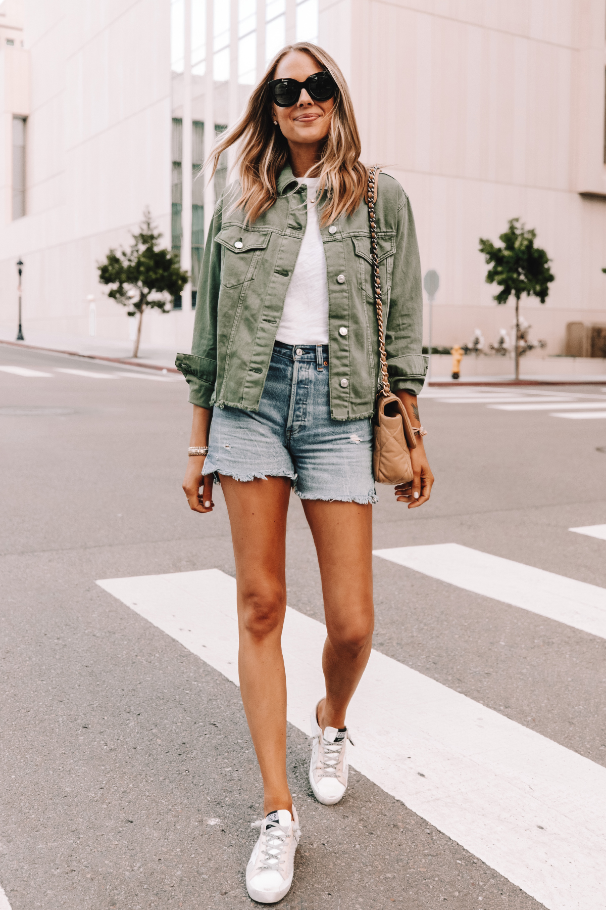 Fashion Jackson Wearing Topshop Olive Green Denim Jacket White Tshirt Ripped Jean Shorts Golden Goose Superstar Sneakers