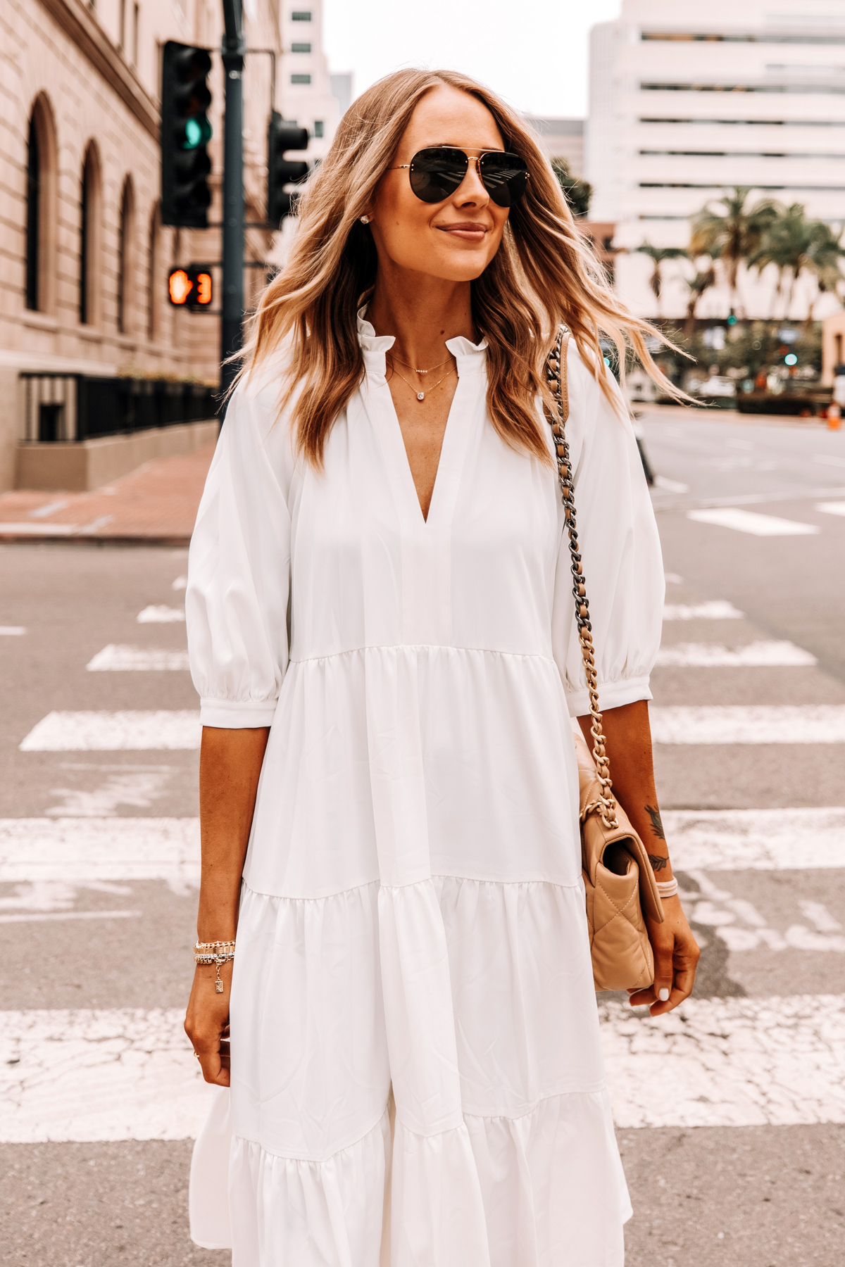 Fashion Jackson Wearing White Tiered Midi Dress