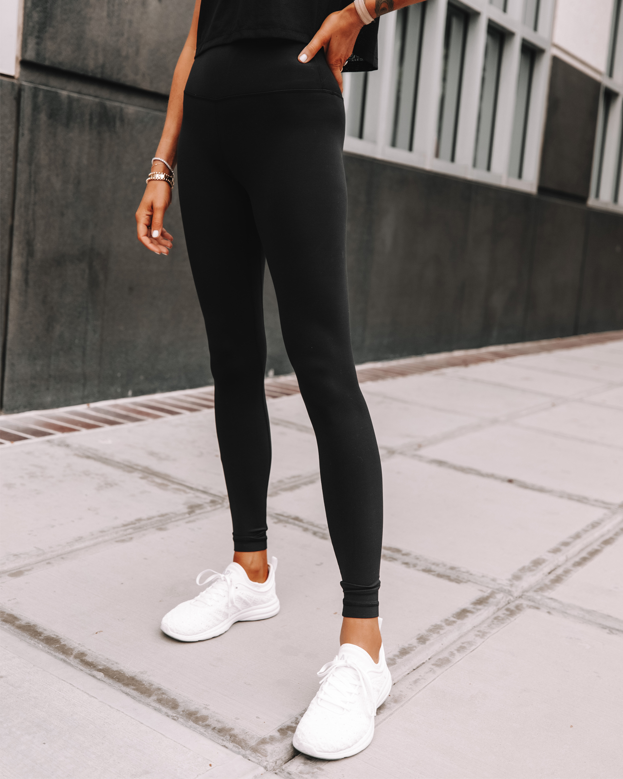 yoga pants and sneakers