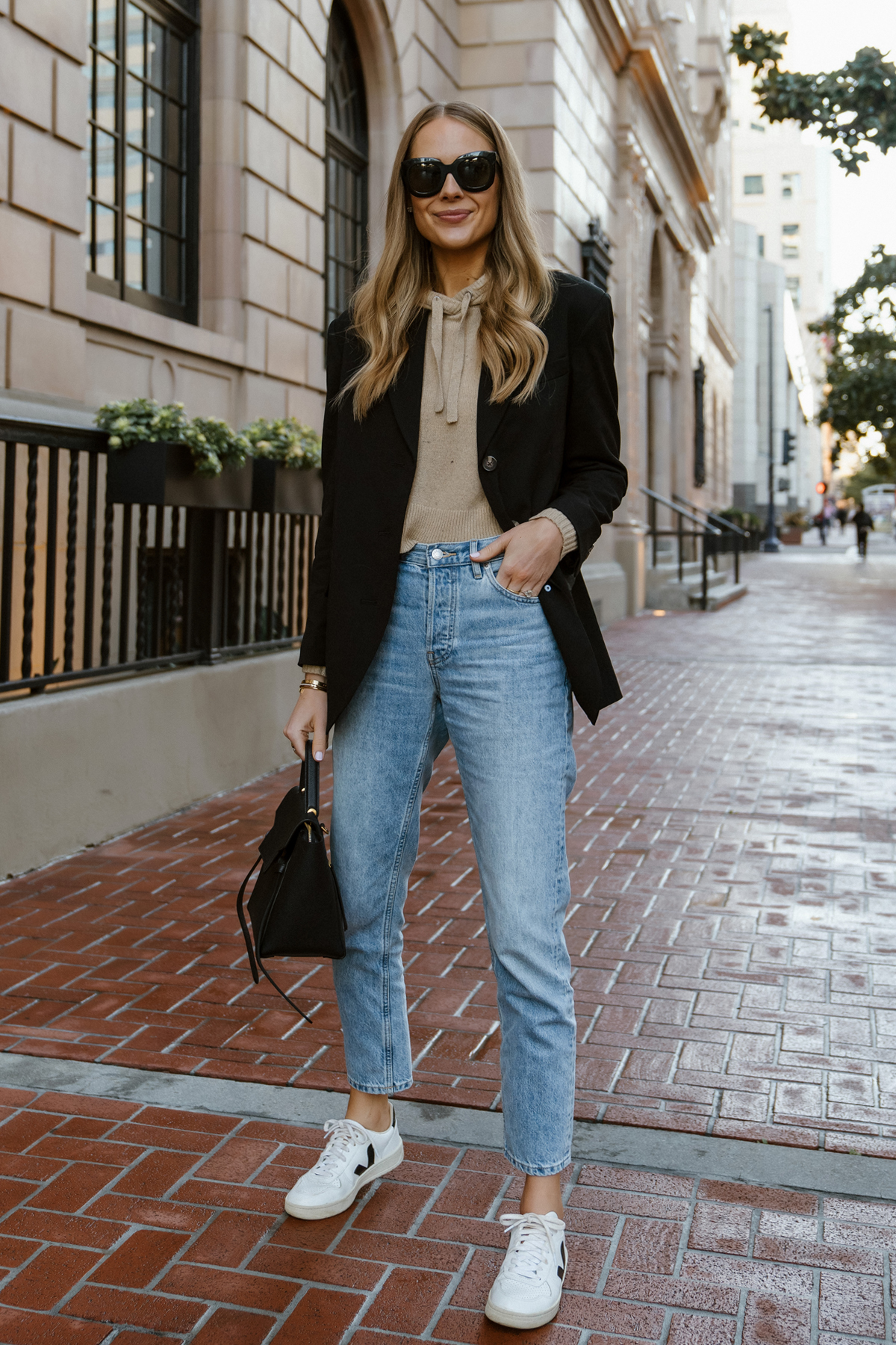 Fashion Jackson Wearing Everlane Black Blazer hoodie and blazer womens outfit jeans and blazer casual outfit veja sneakers outfit