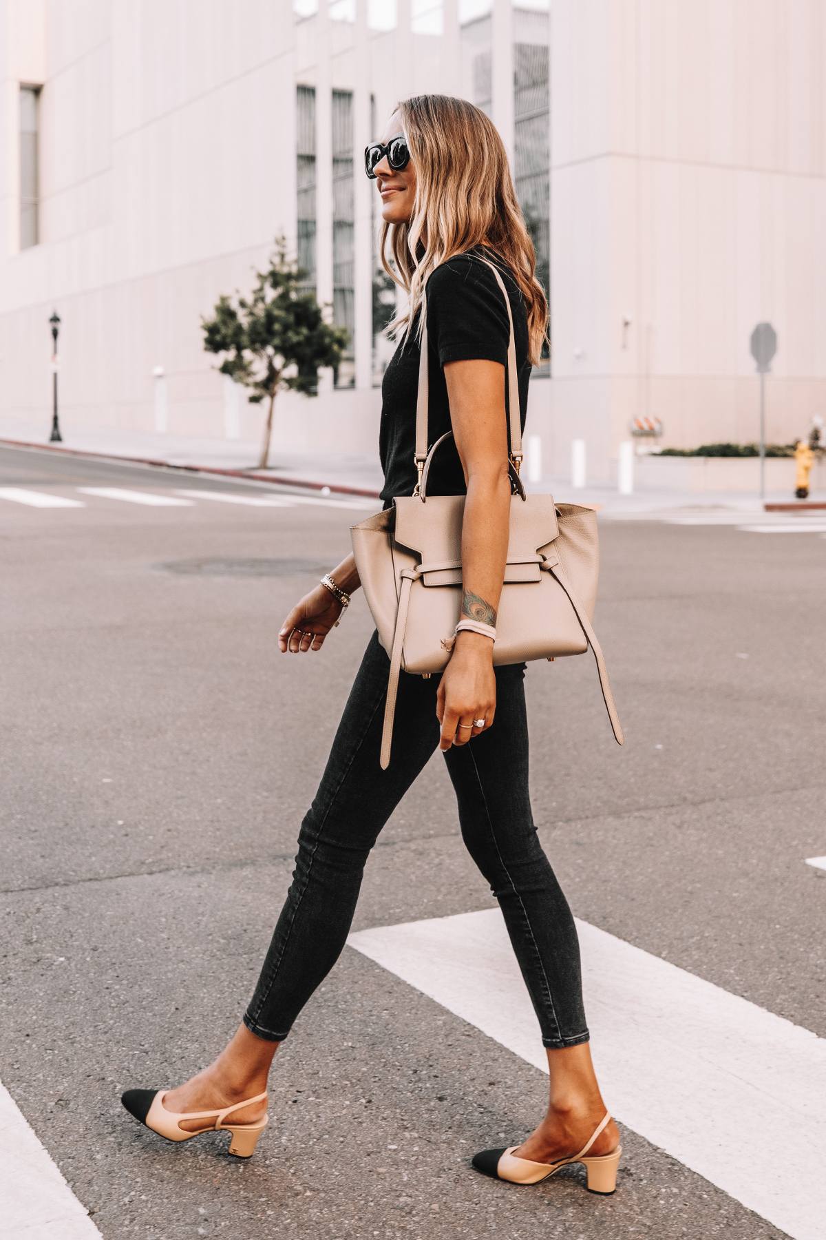 Fashion Jackson Wearing Everlane Black Short Sleeve Sweater Everlane Black Skinny Jeans Chanel Slingbacks Celine Belt Bag 2