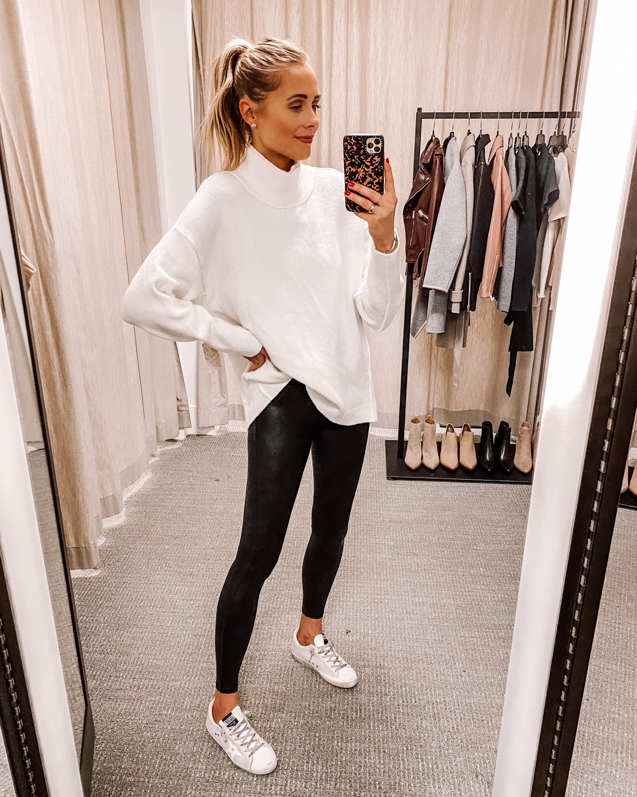 Fashion Jackson Nordstrom Anniversary Sale Free People Afterglow Mock Neck Top White Tunic Sweater Spanx Faux Leather Leggings Dressing Room Outfits