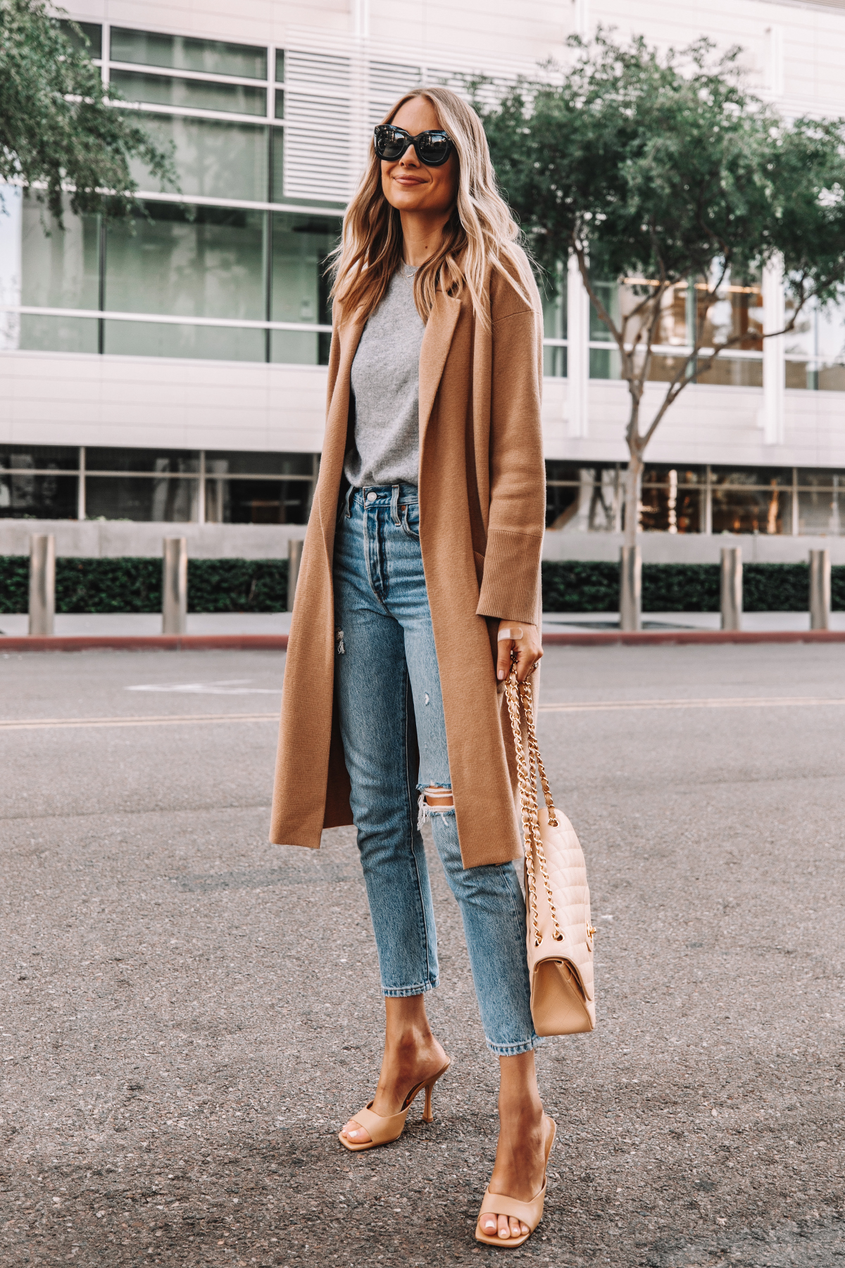 Fashion Jackson Wearing Jcrew Ella Long Sweater Blazer Grey Sweater Levis 501 Ripped Skinny Jeans Nude Heeled Sandals Chanel Beige Handbag