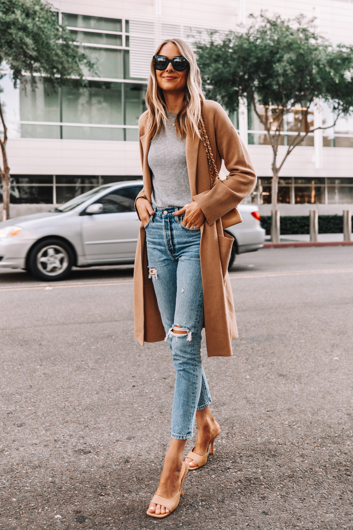 Fashion Jackson Wearing Jcrew Ella Long Sweater Blazer Grey Sweater Levis 501 Ripped Skinny Jeans Nude Heeled Sandals