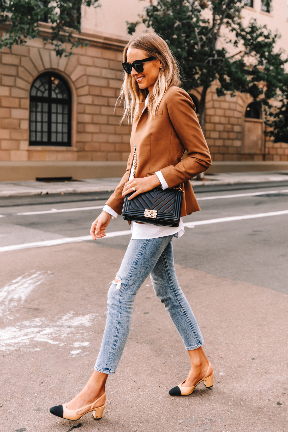 Fashion Jackson Wearing Jcrew Regent Blazer Camel White Shirt Levis 501 Ripped Jeans Chanel Slingbacks Chanel Black Boy Bag 2