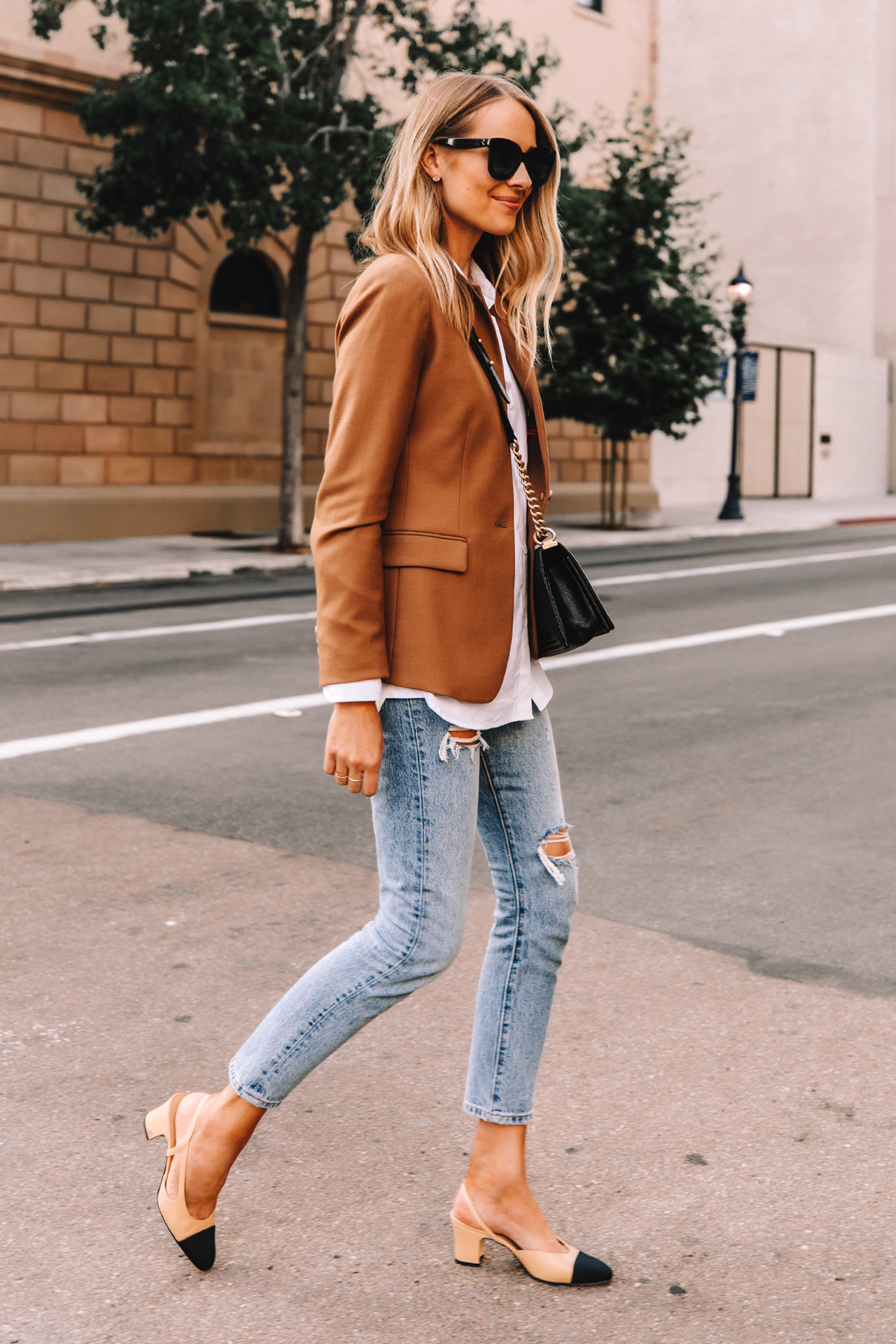 Fashion Jackson Wearing Jcrew Regent Blazer Camel White Shirt Levis 501 Ripped Jeans Chanel Slingbacks