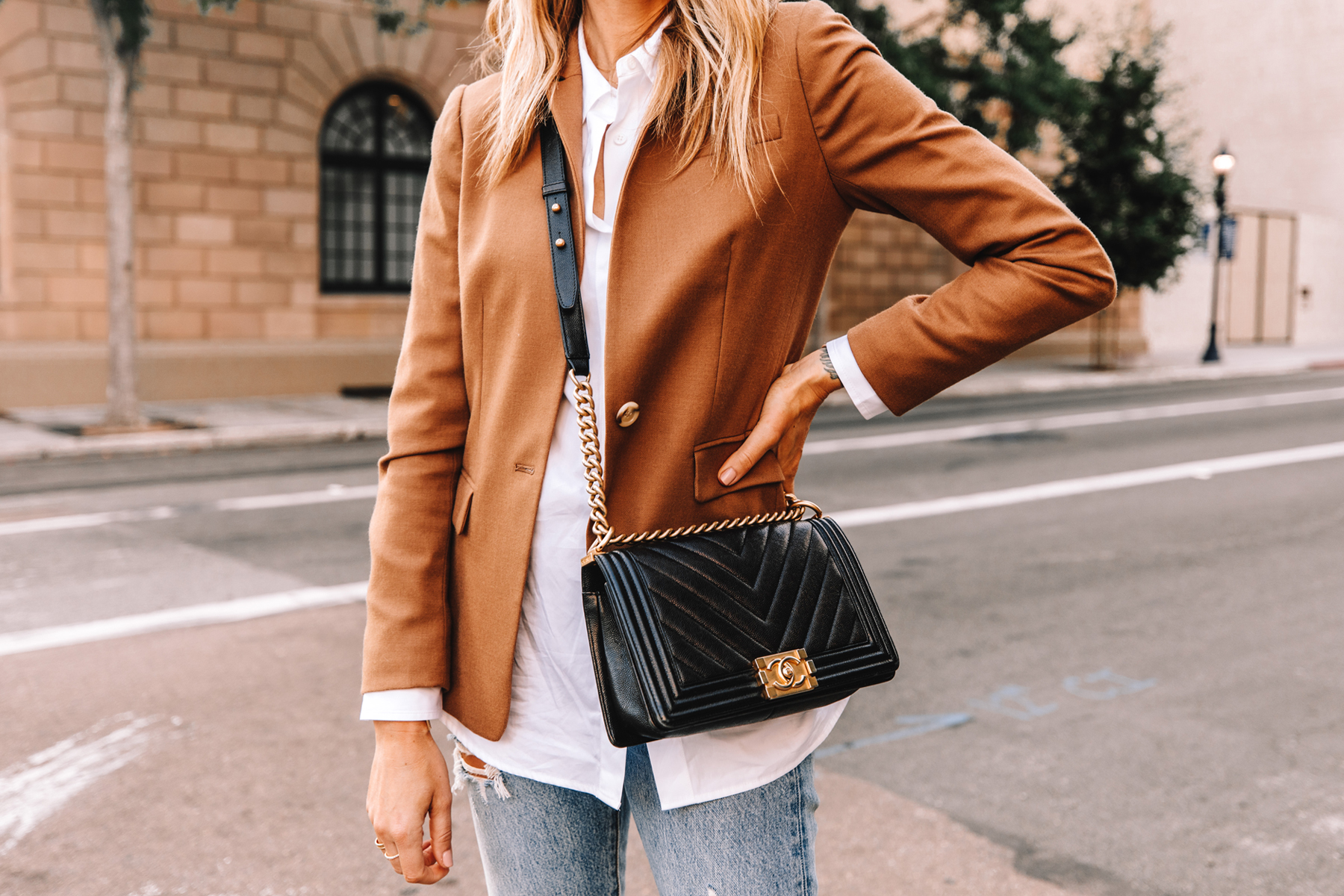 Fashion Jackson Wearing Jcrew Regent Camel Blazer White Shirt Chanel Black Boy Bag