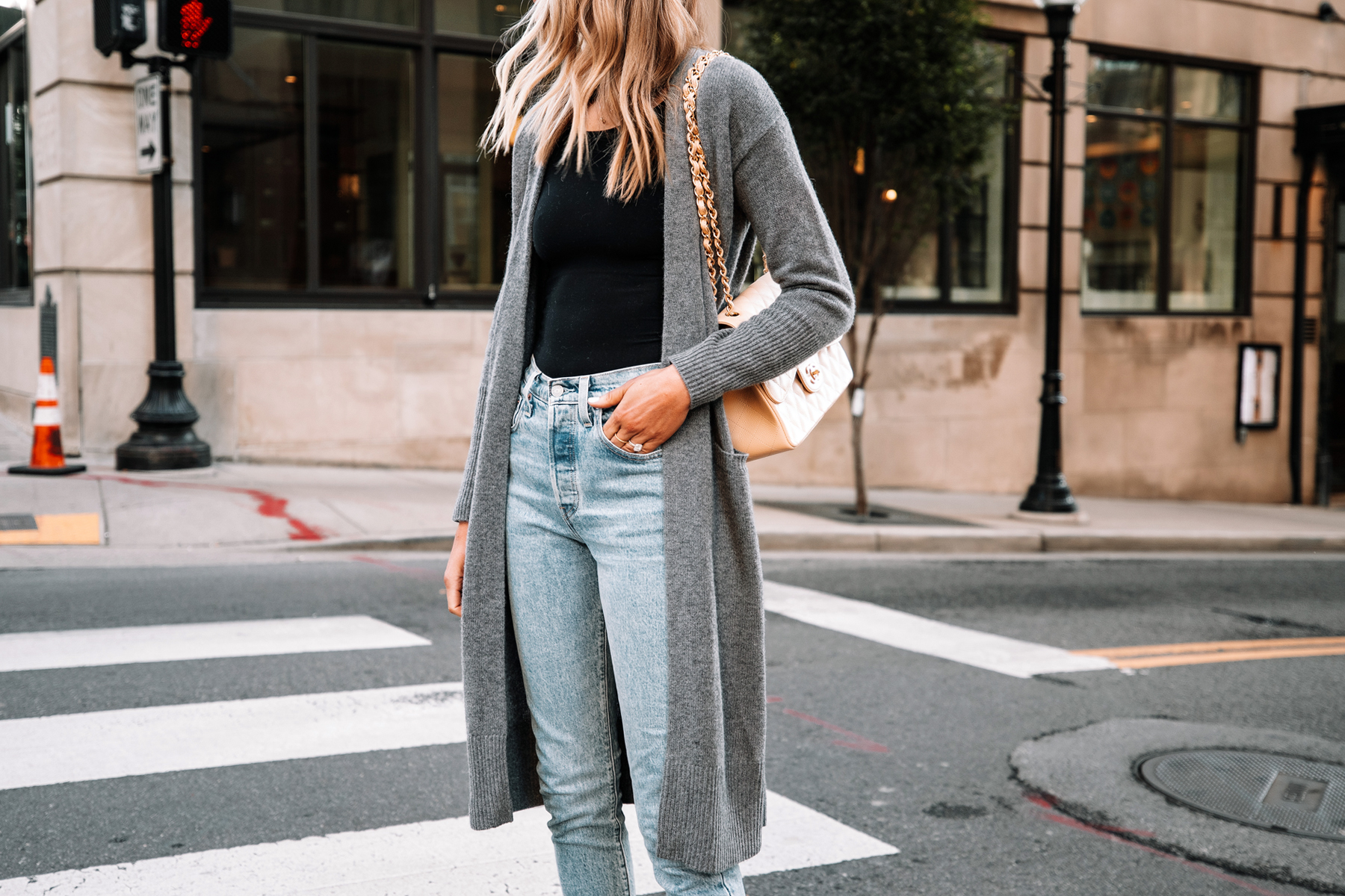 H&M long maxi cardigan with tee shirt and distressed jeans, Louis Vuitton  totally MM tote, Chanel oversized tortoiseshell sunglasses, long cardigan  casual outfit - Meagan's Moda