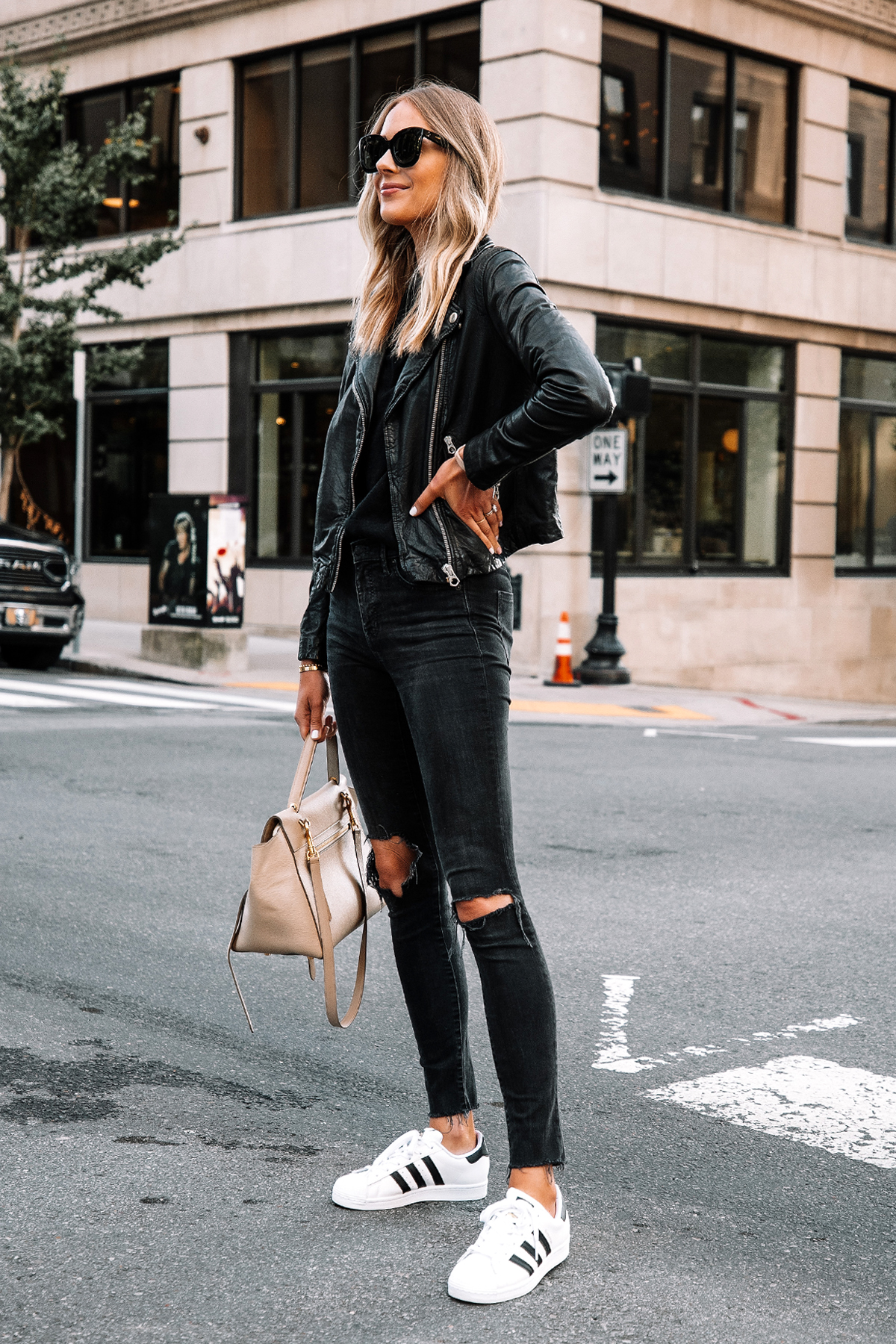 Adidas superstar all black with clearance jeans