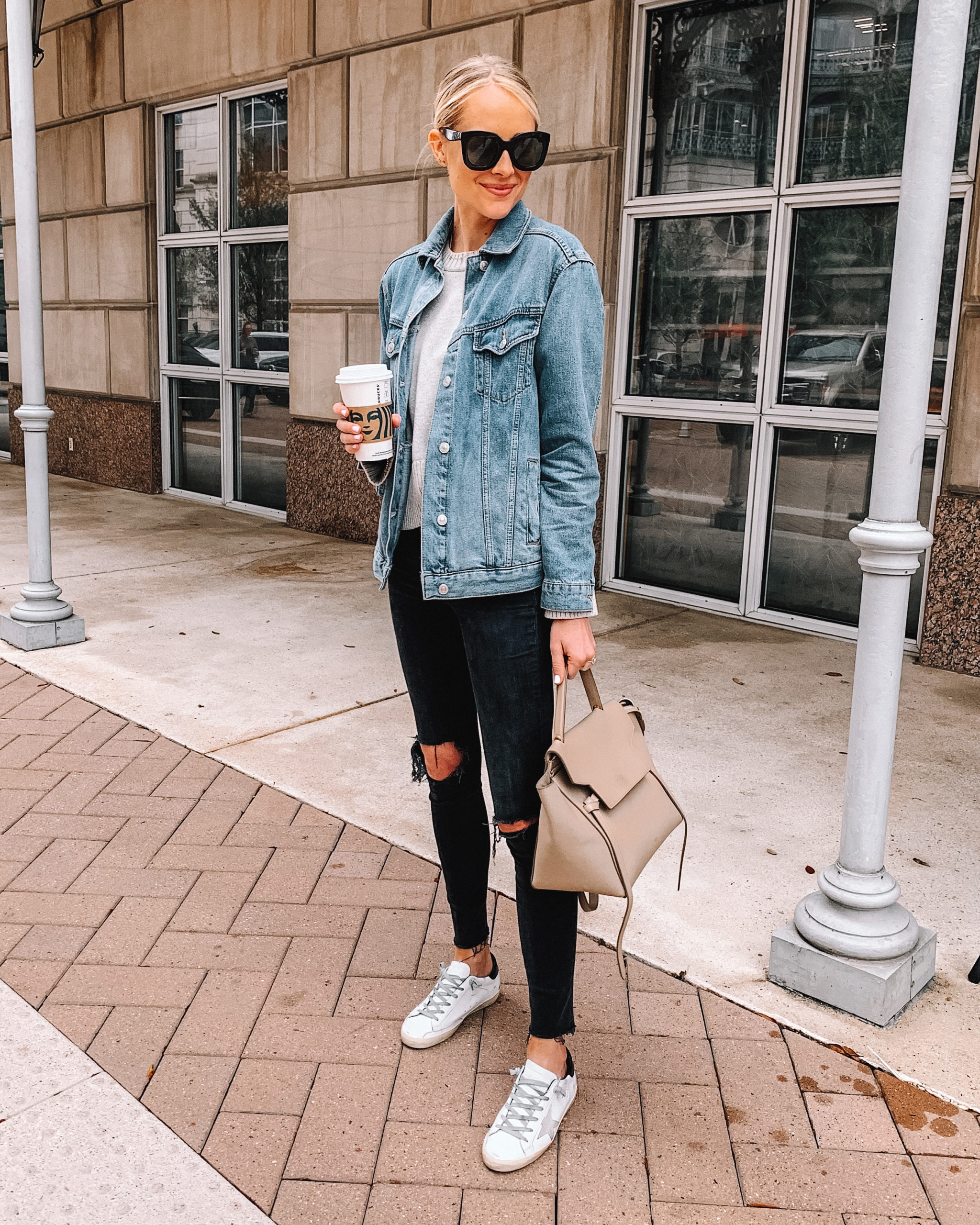 denim jacket with dress and sneakers