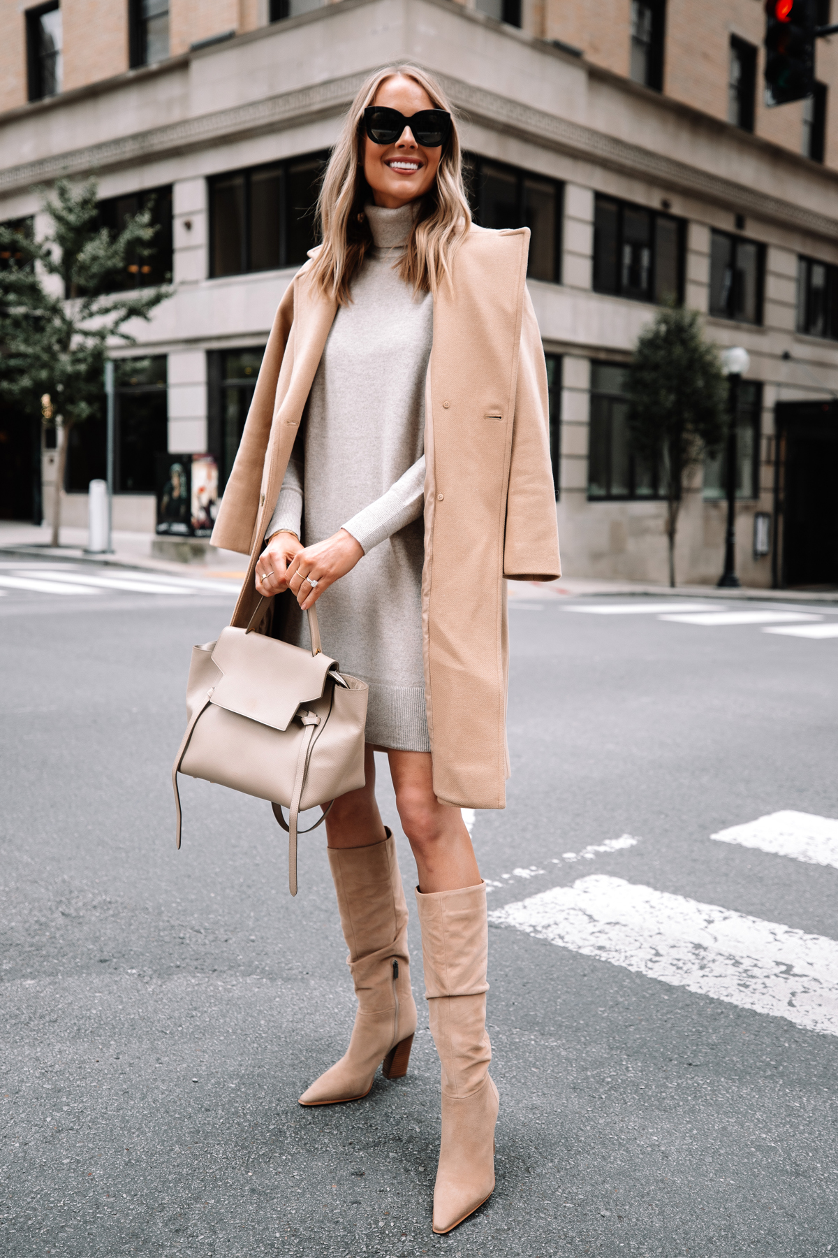 Fashion Jackson Wearing Everlane Camel Coat Everlane Beige Sweater Dress Celine Belt Bag Fall Outfit 2