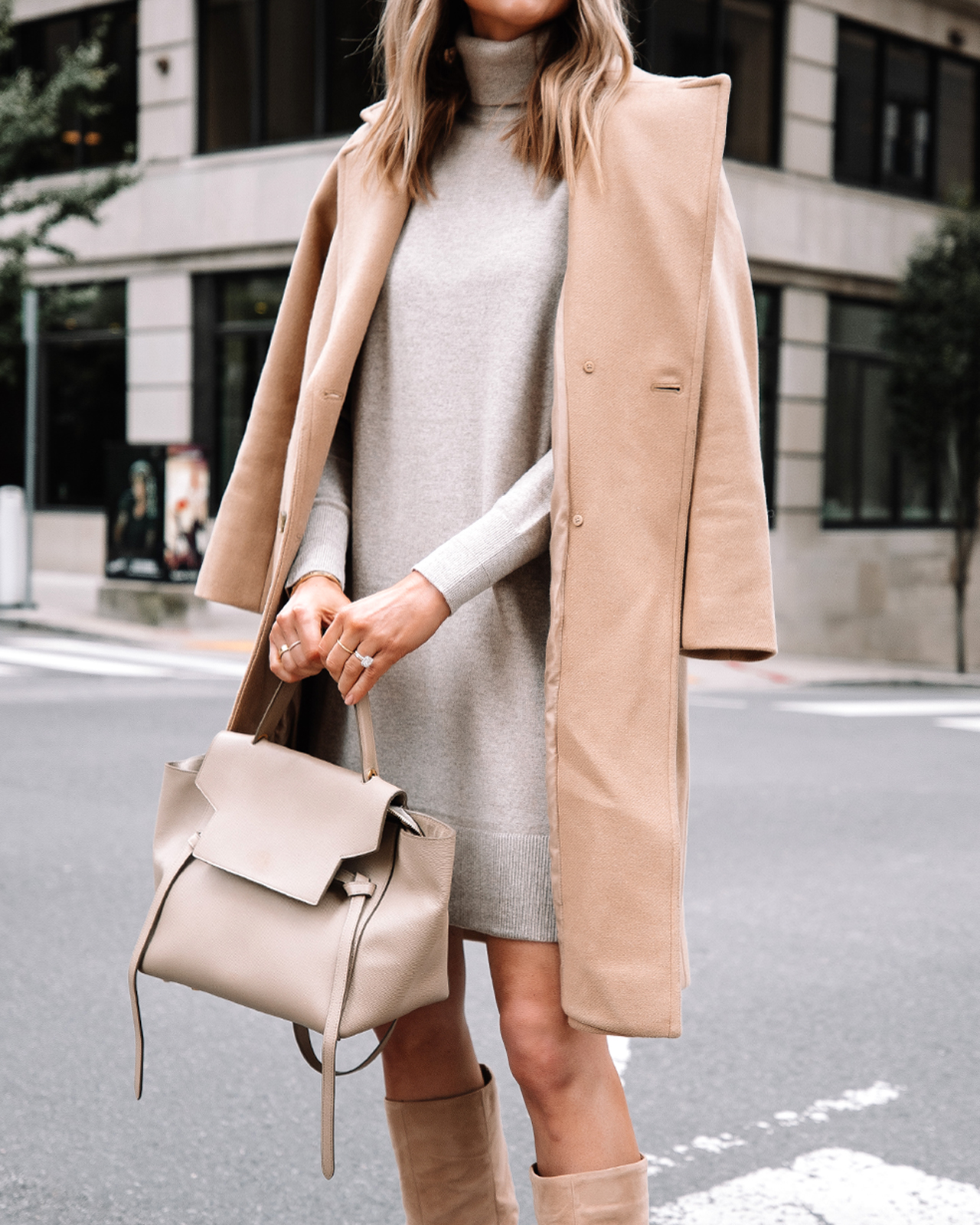 Fashion Jackson Wearing Everlane Cashmere Turtleneck Sweater Dress Camel Coat