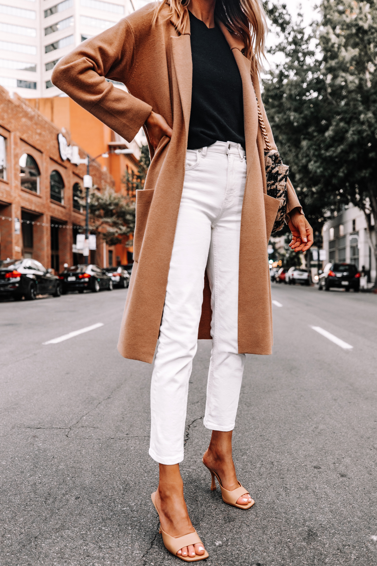 Fashion Jackson Wearing Jcrew Camel Coatigan Black Sweater Everlane White Jeans Tan Heeled Sandals 1