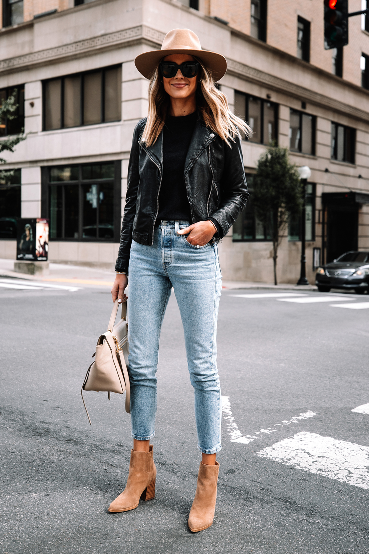 Fashion Jackson Wearing Madewell Black Leather Jacket Black Sweater Levis Jeans Tan Suede Booties Rag and Bone Tan Fall Hat Street Style 1