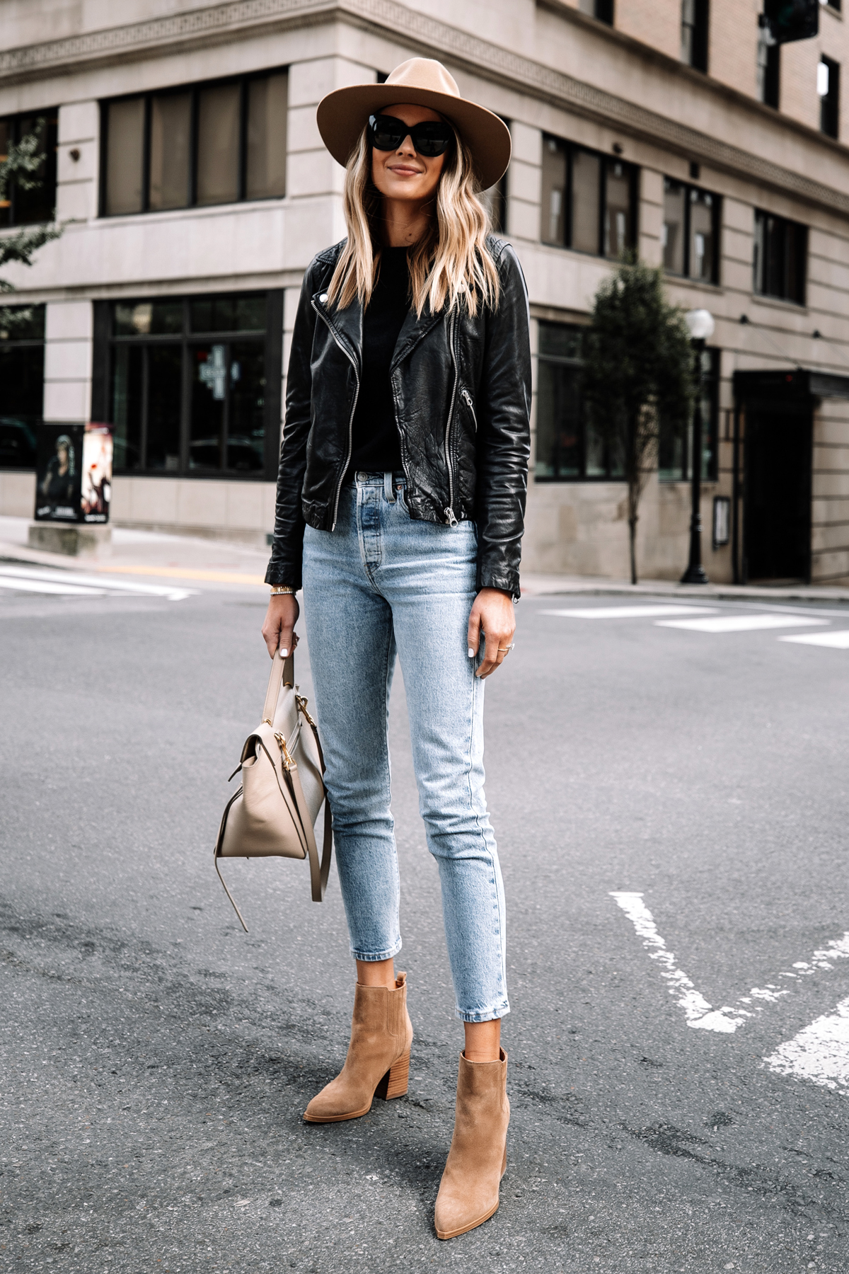 Fashion Jackson Wearing Madewell Black Leather Jacket Black Sweater Levis Jeans Tan Suede Booties Rag and Bone Tan Fall Hat Street Style 2