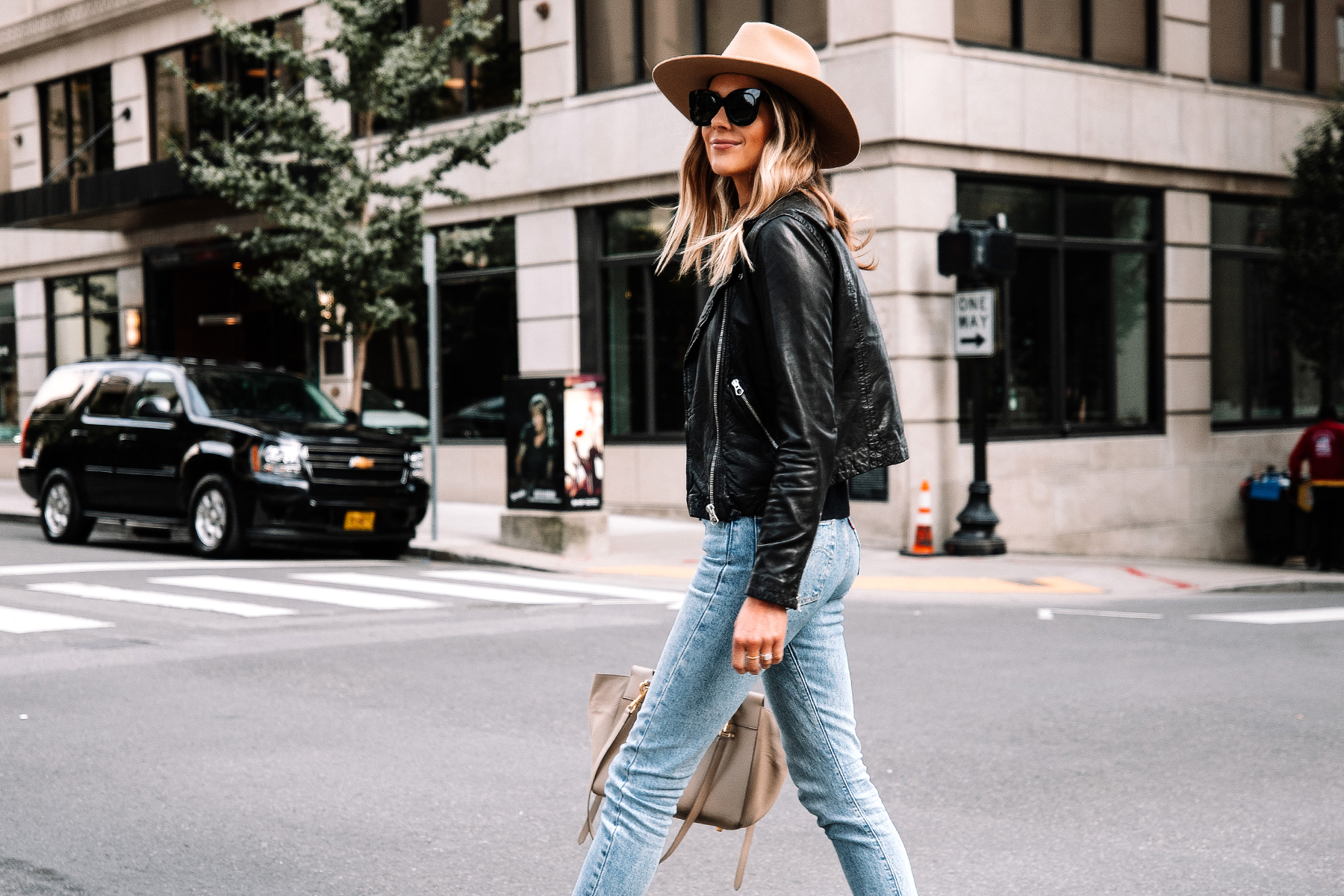 Fashion Jackson Wearing Madewell Black Leather Jacket Levis Jeans Rag and Bone Fall Hat