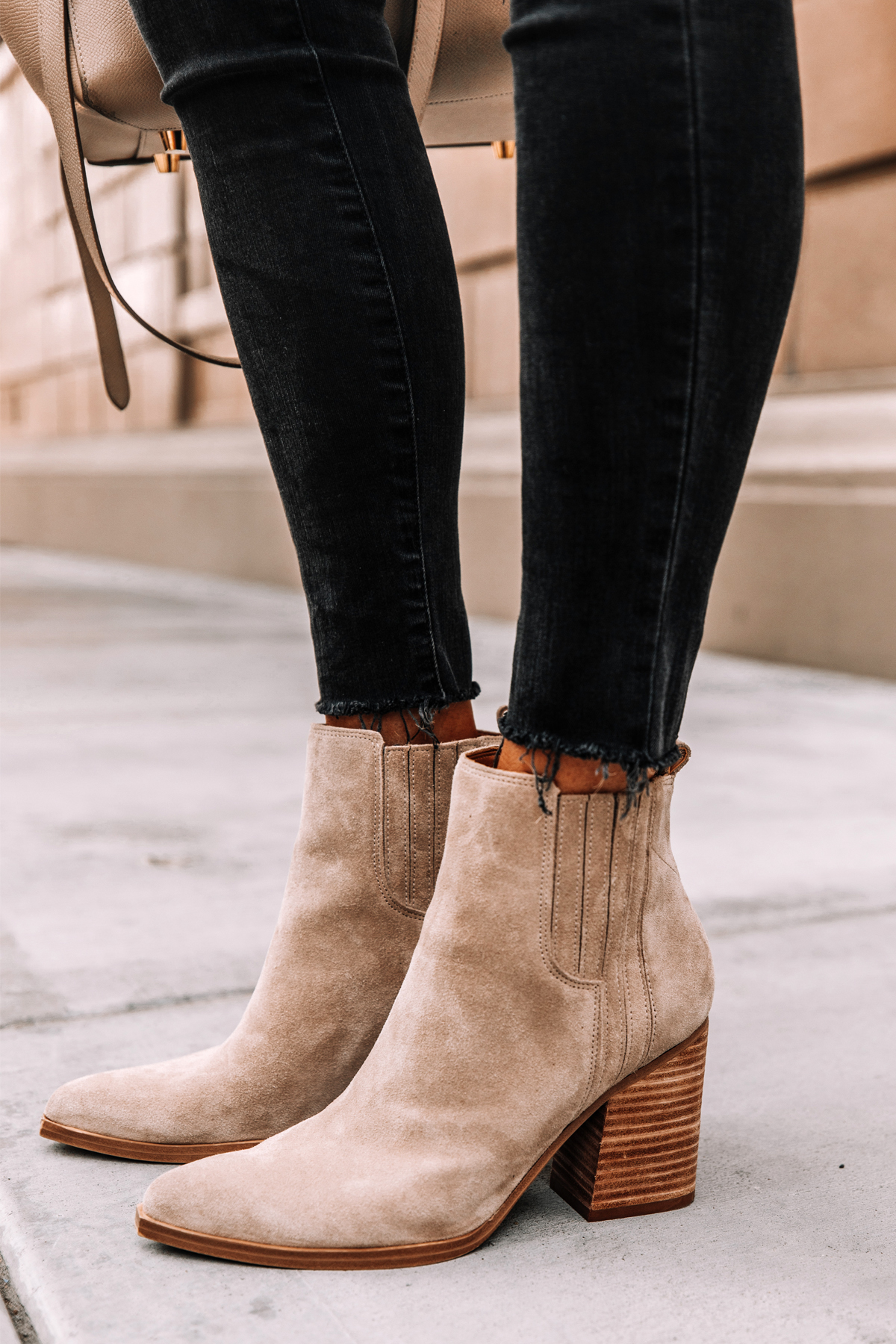 Fashion Jackson Wearing Marc Fisher Oshay Cloud Suede Booties Black Raw Hem Jeans