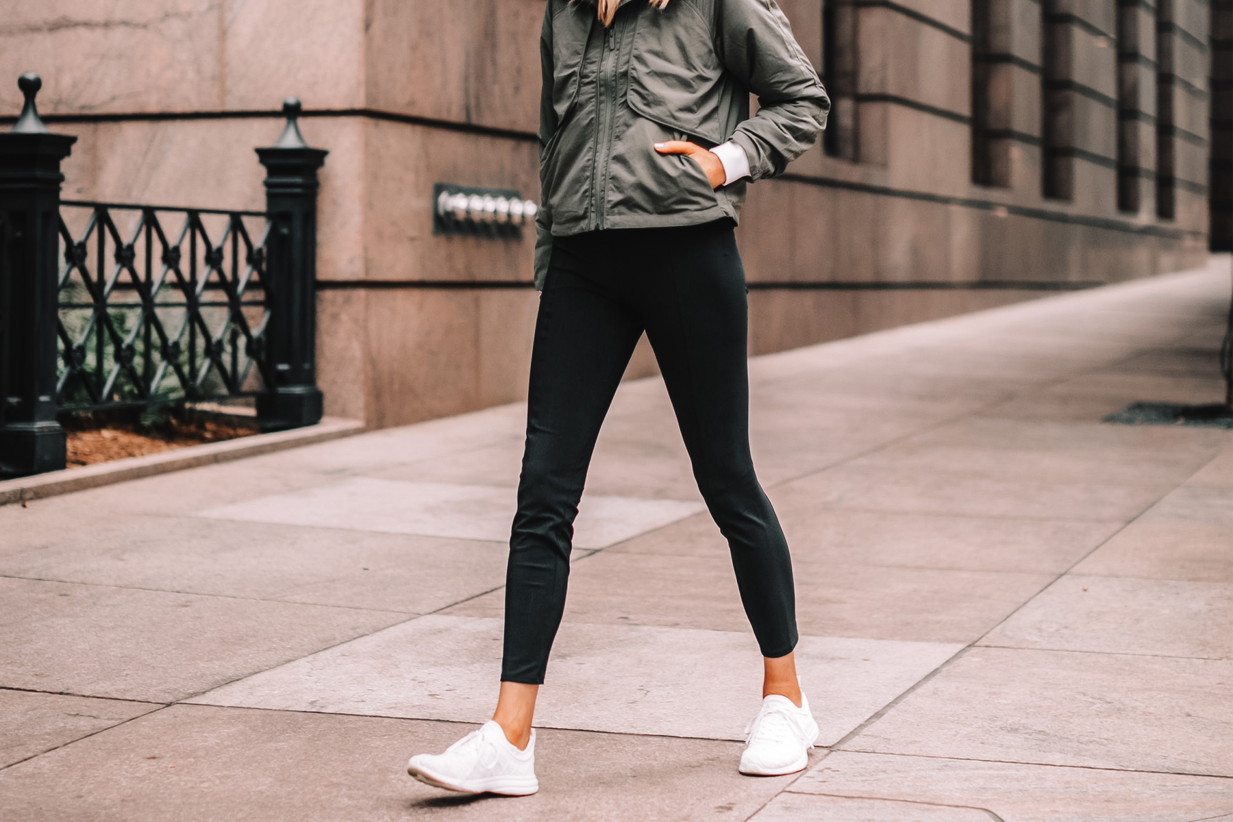 Fashion Jackson Wearing lululemon Black Jacket Tan Leggings White