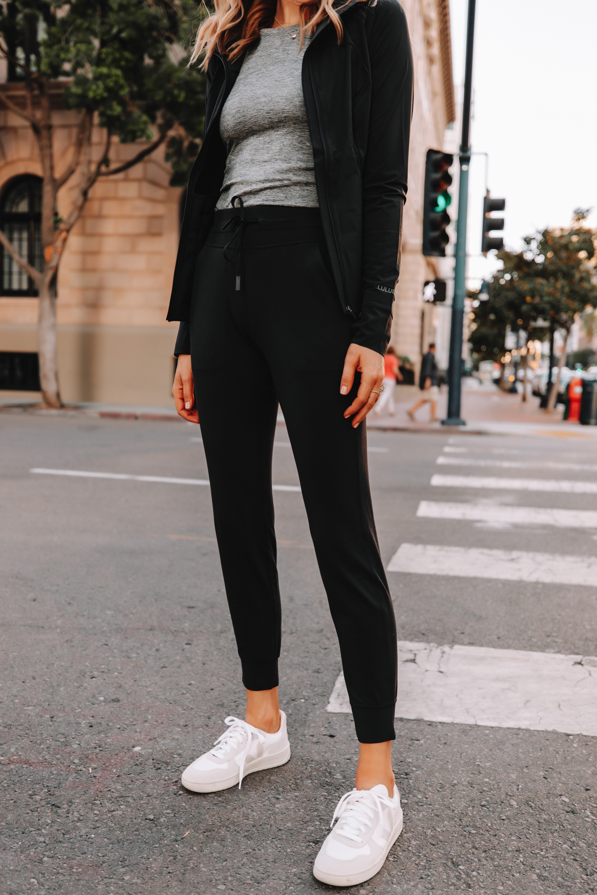 Fashion Jackson Wearing lululemon Ready to Rulu Black Joggers Veja Sneakers Black Jacket