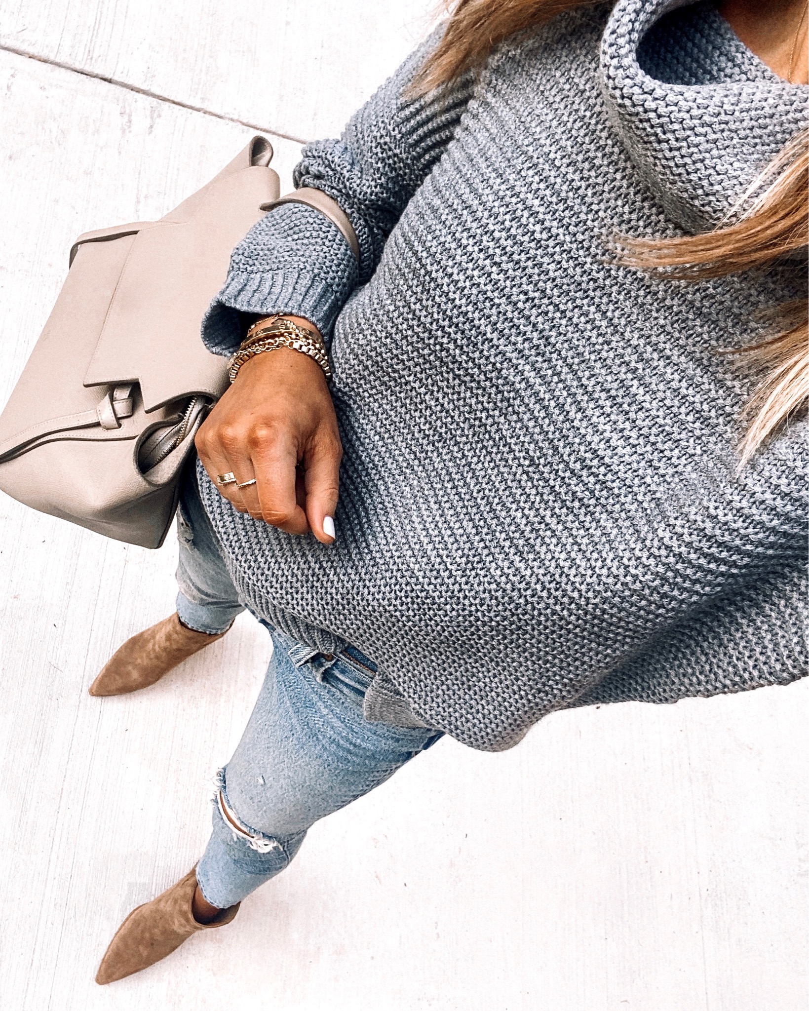 Fashion Jackson Amazon Fashion Grey Sweater Ripped Jeans Cognac Booties