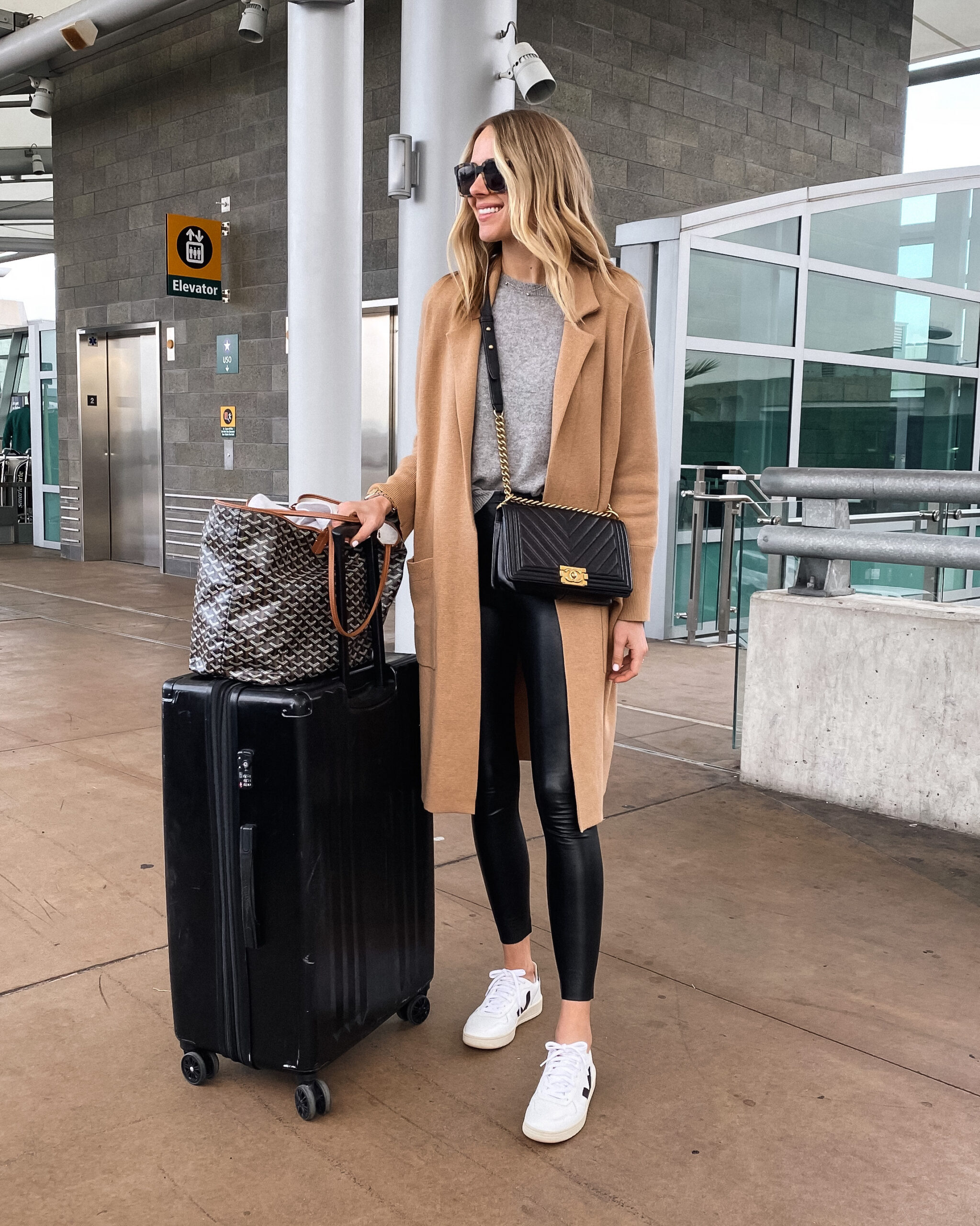 Fashion Jackson Airport Outfit Travel Outfit Camel Coatigan Commando Faux Leather Leggings Veja Sneakers