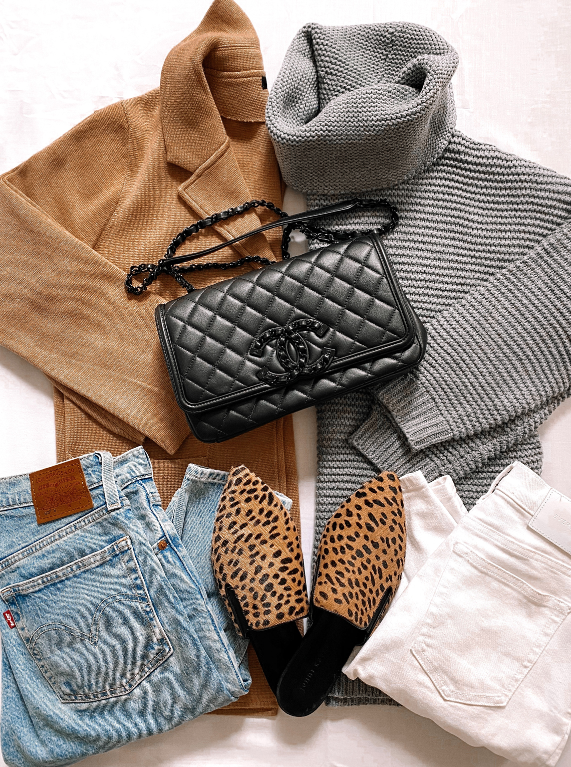 Fashion Jackson Grey Sweater Camel Cardigan White Jeans Denim Jeans Leopard Mules Black Chanel Handbag