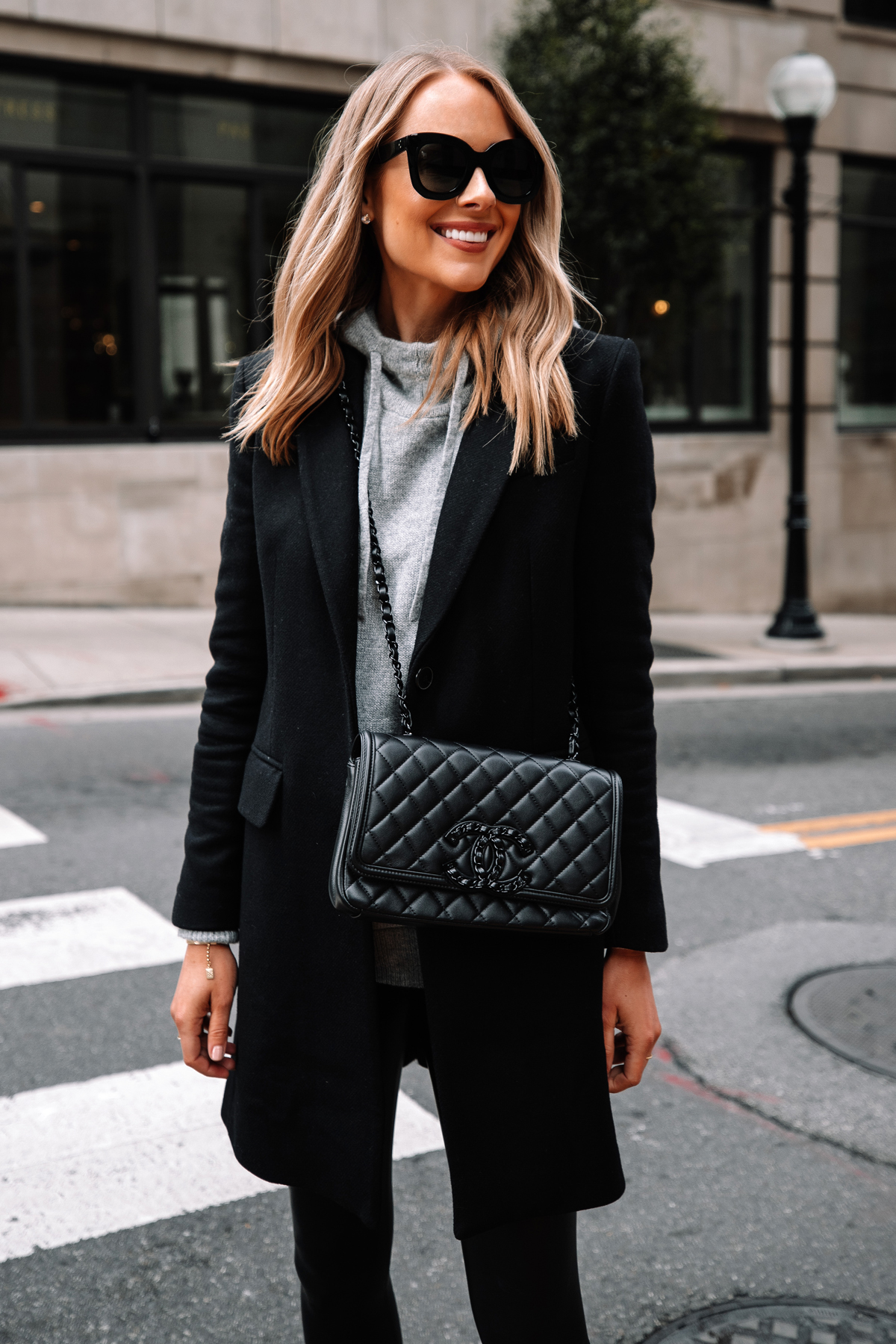 Women's Grey Sweater Dress, Black Leather Leggings, Black Leather